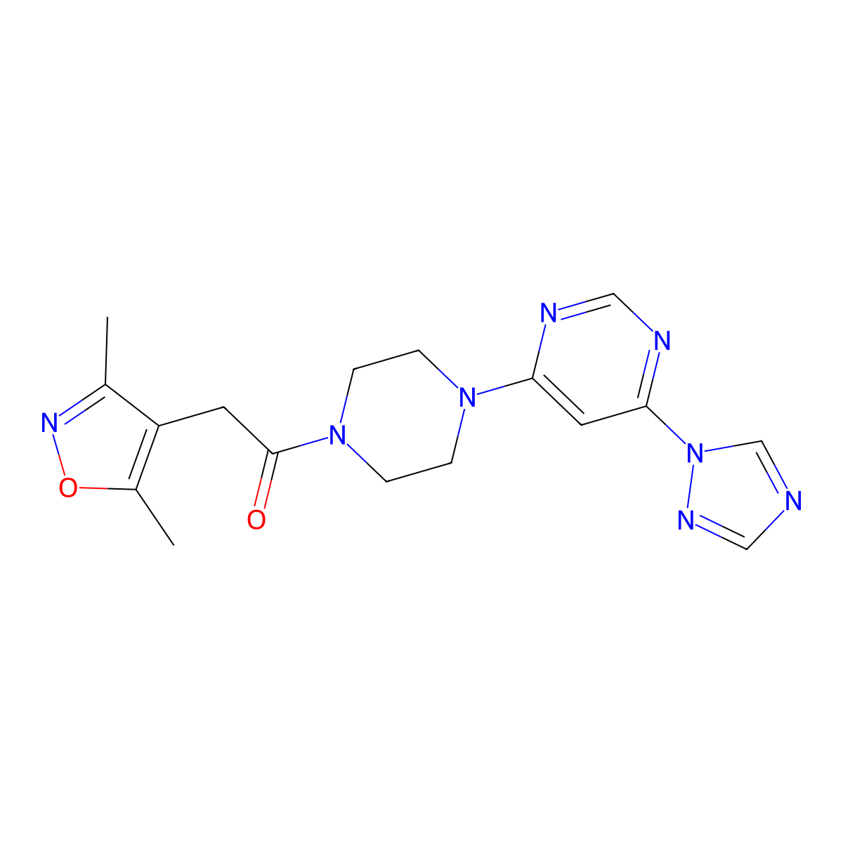 1-(4-(6-(1H-1,2,4-triazol-1-yl)pyrimidin-4-yl)piperazin-1-yl)-2-(3,5-dimethylisoxazol-4-yl)ethanone molecular structure, CAS 1705982-22-4