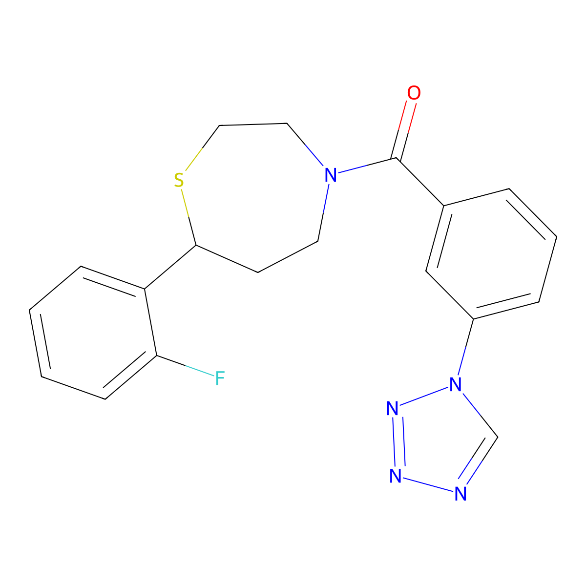 (3-(1H-tetrazol-1-yl)phenyl)(7-(2-fluorophenyl)-1,4-thiazepan-4-yl)methanone molecular structure, CAS 1705983-36-3