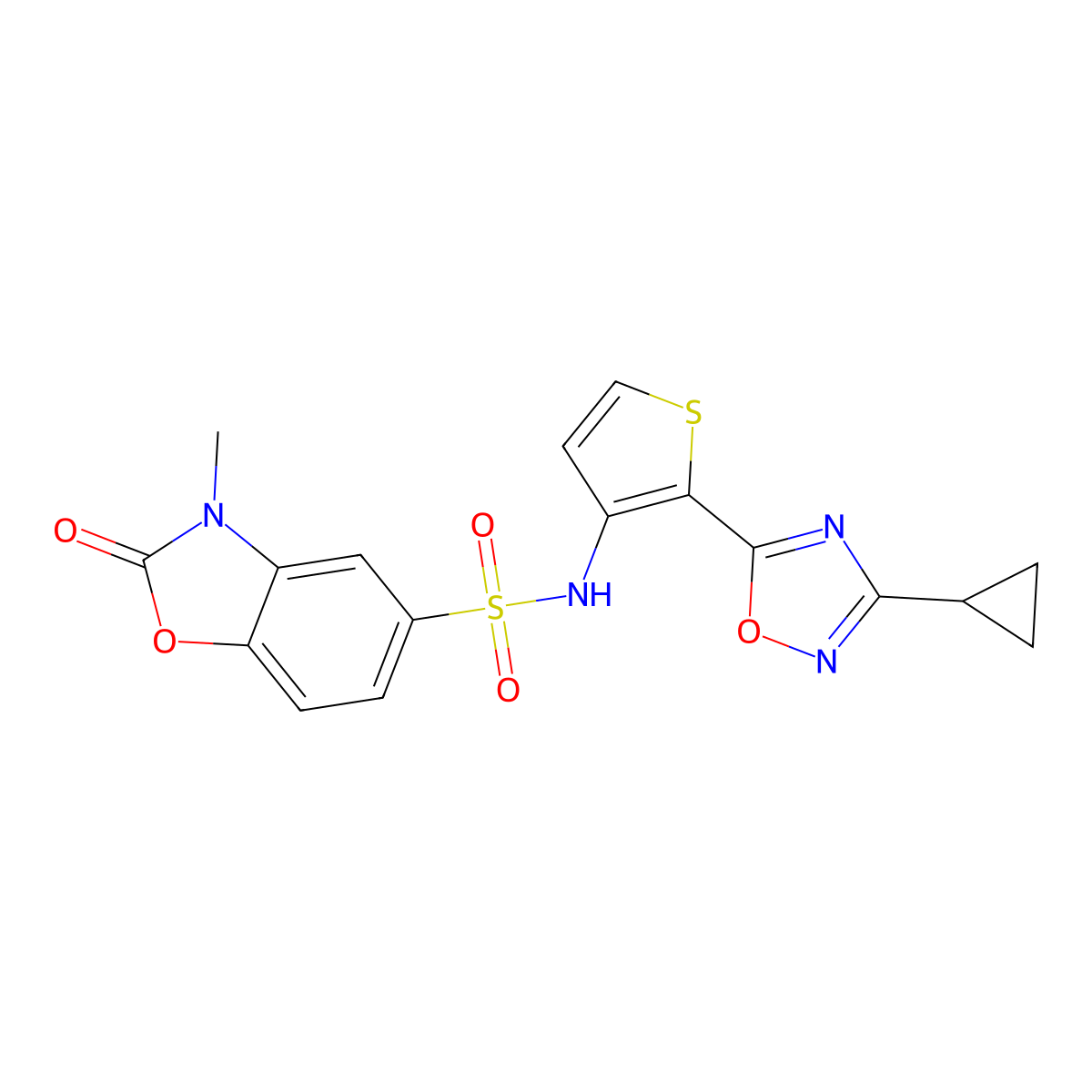N-(2-(3-cyclopropyl-1,2,4-oxadiazol-5-yl)thiophen-3-yl)-3-methyl-2-oxo-2,3-dihydrobenzo[d]oxazole-5-sulfonamide molecular structure, CAS 1705983-97-6
