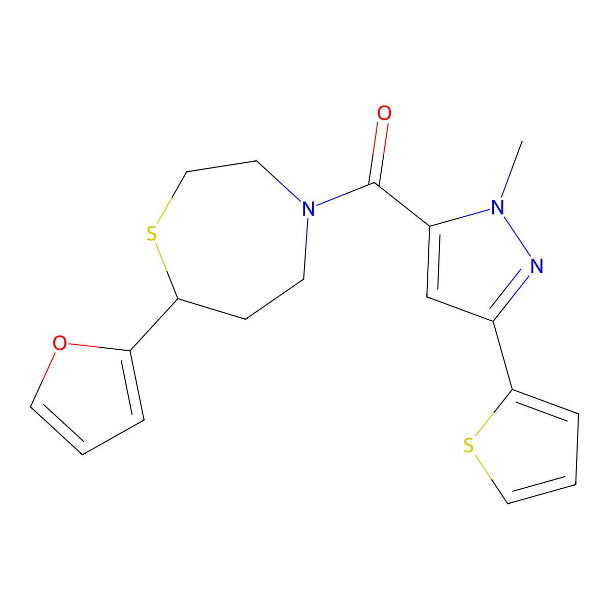 (7-(furan-2-yl)-1,4-thiazepan-4-yl)(1-methyl-3-(thiophen-2-yl)-1H-pyrazol-5-yl)methanone molecular structure, CAS 1705989-17-8