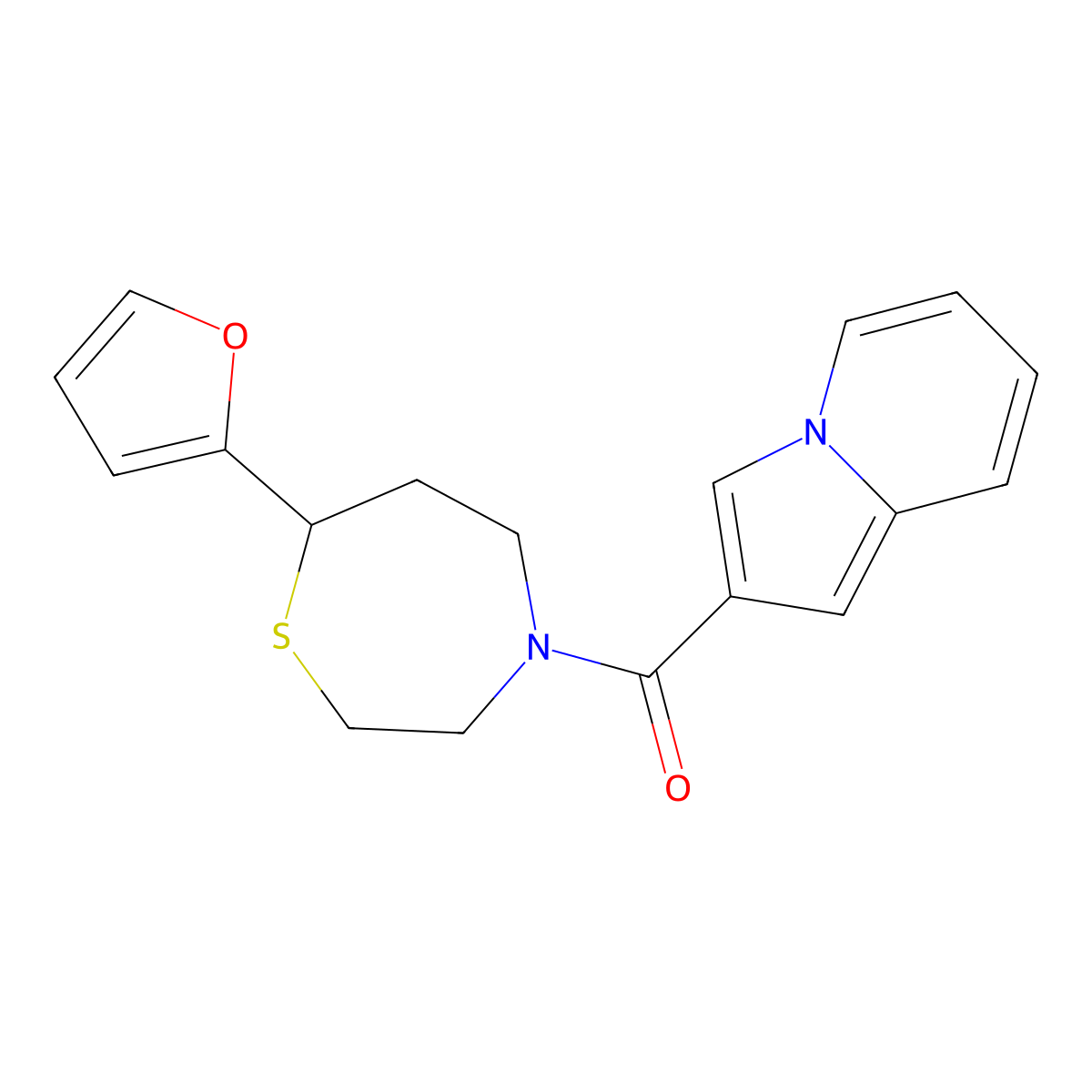 (7-(Furan-2-yl)-1,4-thiazepan-4-yl)(indolizin-2-yl)methanone molecular structure, CAS 1705989-23-6