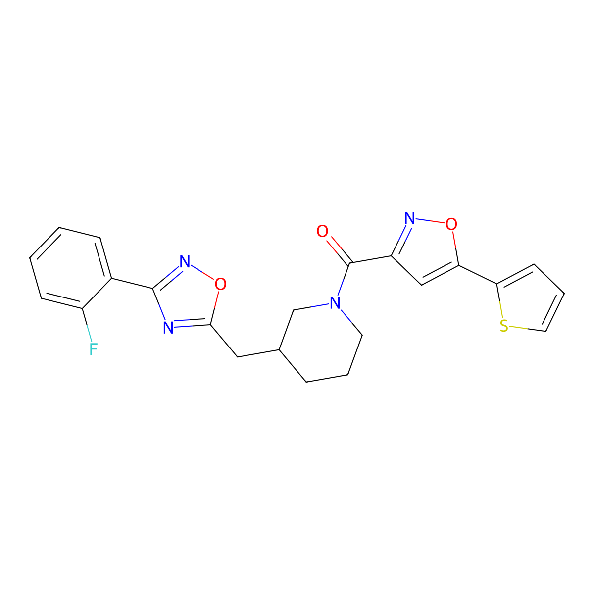 (3-((3-(2-Fluorophenyl)-1,2,4-oxadiazol-5-yl)methyl)piperidin-1-yl)(5-(thiophen-2-yl)isoxazol-3-yl)methanone molecular structure, CAS 1705995-33-0