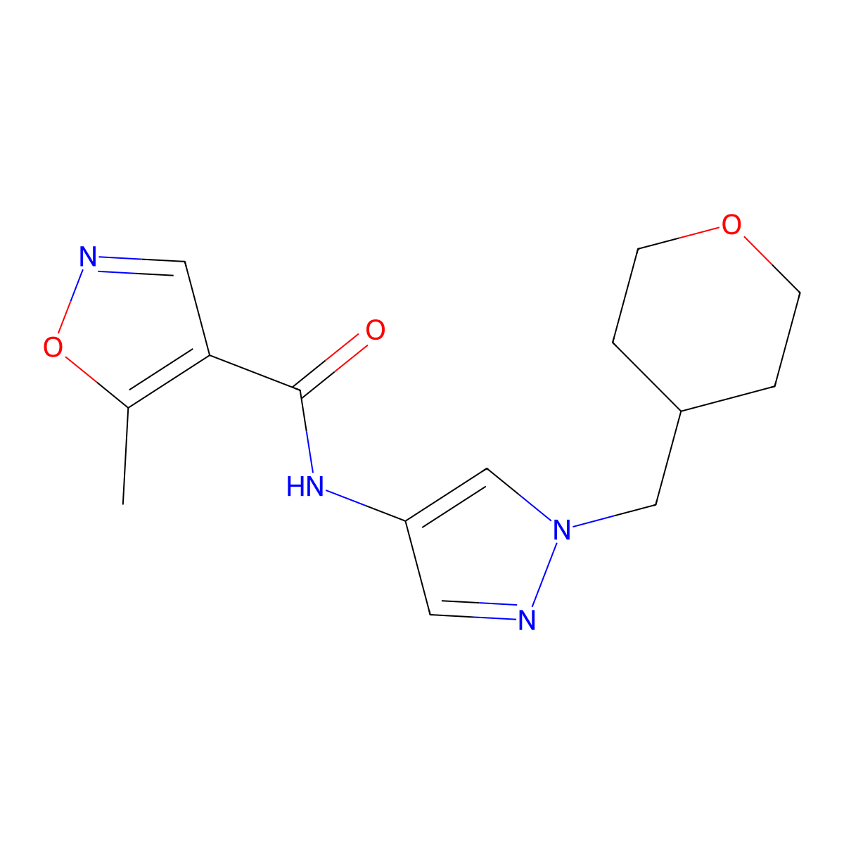 5-methyl-N-(1-((tetrahydro-2H-pyran-4-yl)methyl)-1H-pyrazol-4-yl)isoxazole-4-carboxamide molecular structure, CAS 1705995-54-5