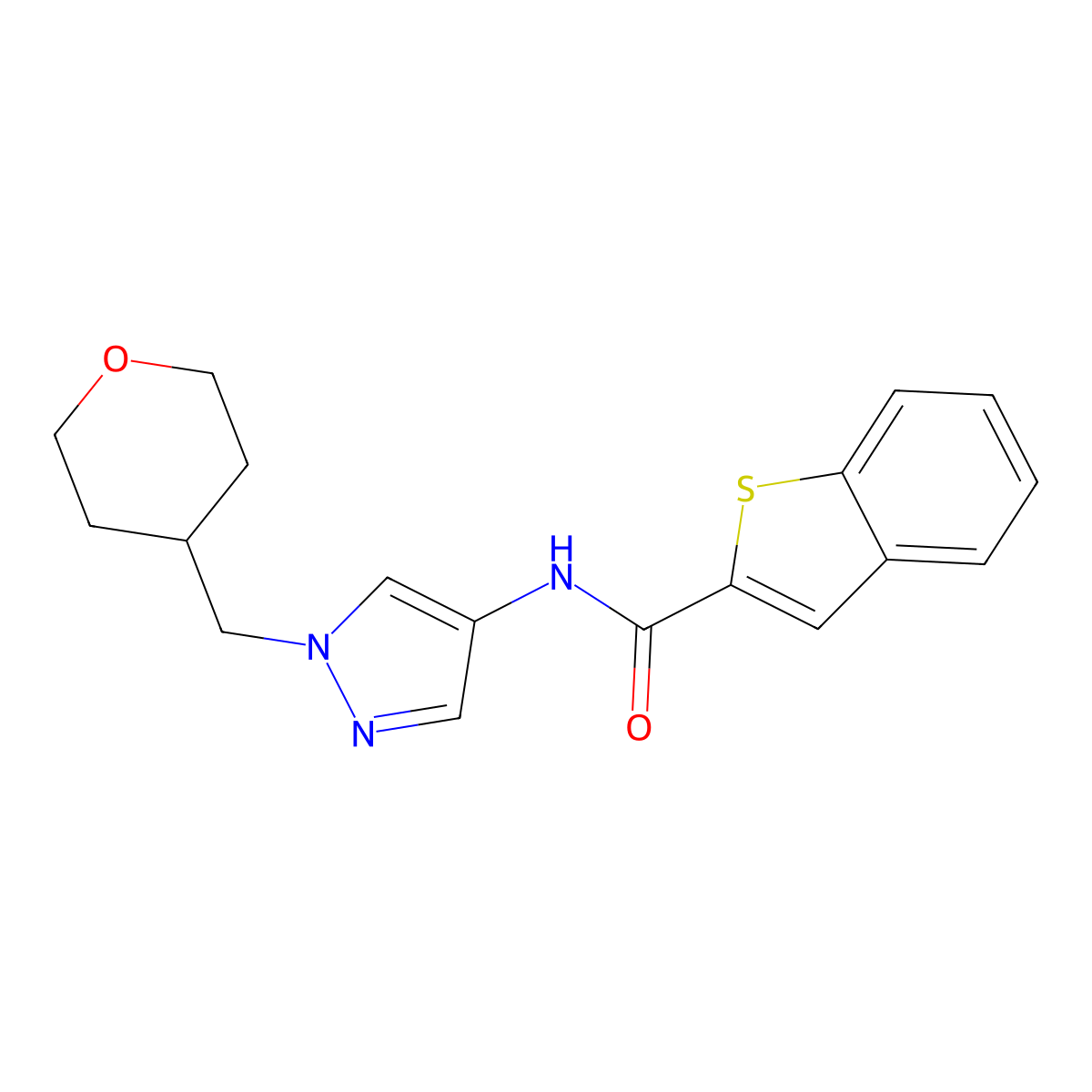 N-(1-((tetrahydro-2H-pyran-4-yl)methyl)-1H-pyrazol-4-yl)benzo[b]thiophene-2-carboxamide molecular structure, CAS 1705995-63-6