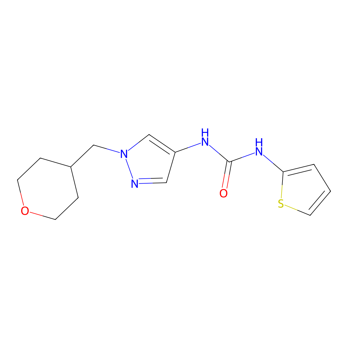 1-(1-((tetrahydro-2H-pyran-4-yl)methyl)-1H-pyrazol-4-yl)-3-(thiophen-2-yl)urea molecular structure, CAS 1705995-79-4