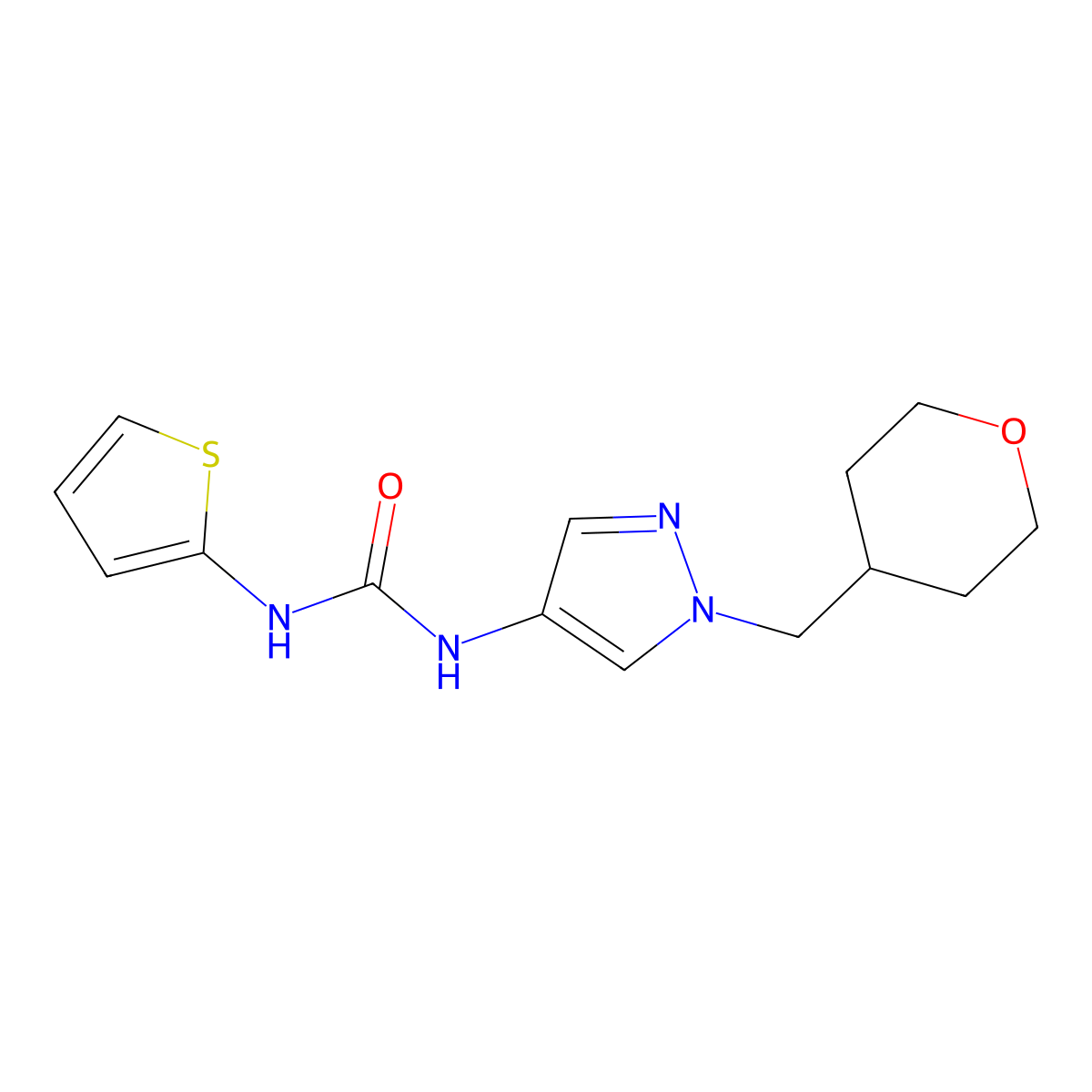 1-(1-((tetrahydro-2H-pyran-4-yl)methyl)-1H-pyrazol-4-yl)-3-(thiophen-2-yl)urea molecular structure, CAS 1705995-79-4