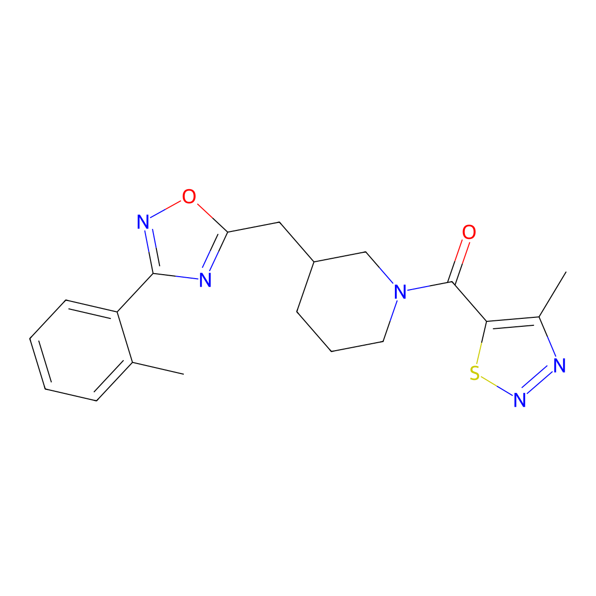 (4-Methyl-1,2,3-thiadiazol-5-yl)(3-((3-(o-tolyl)-1,2,4-oxadiazol-5-yl)methyl)piperidin-1-yl)methanone molecular structure, CAS 1705995-87-4