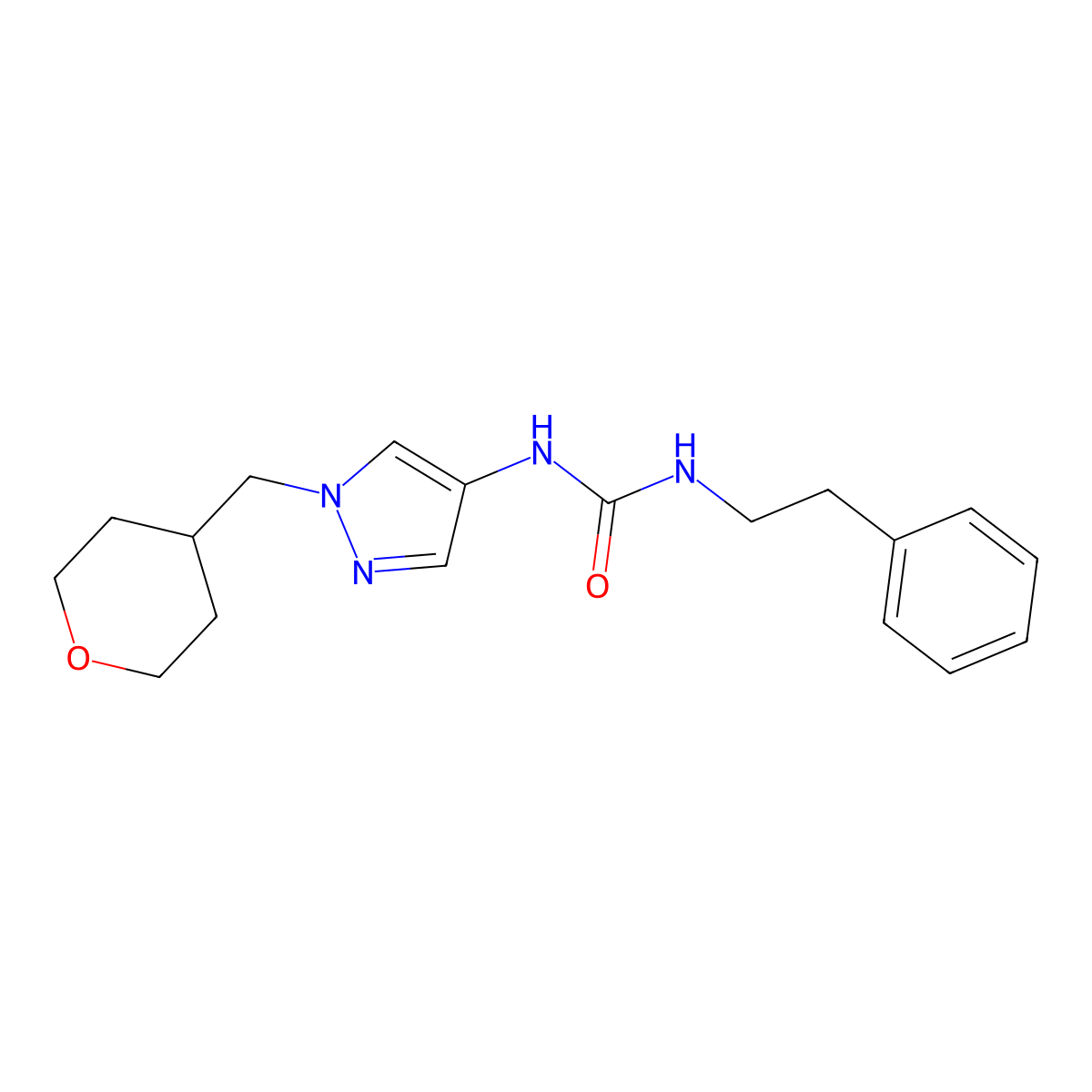 1-phenethyl-3-(1-((tetrahydro-2H-pyran-4-yl)methyl)-1H-pyrazol-4-yl)urea molecular structure, CAS 1705995-90-9