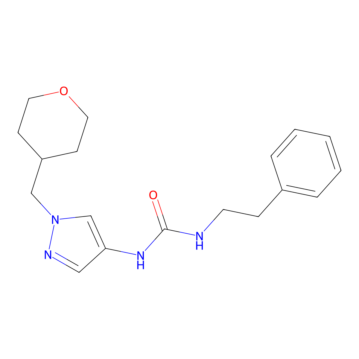 1-phenethyl-3-(1-((tetrahydro-2H-pyran-4-yl)methyl)-1H-pyrazol-4-yl)urea molecular structure, CAS 1705995-90-9