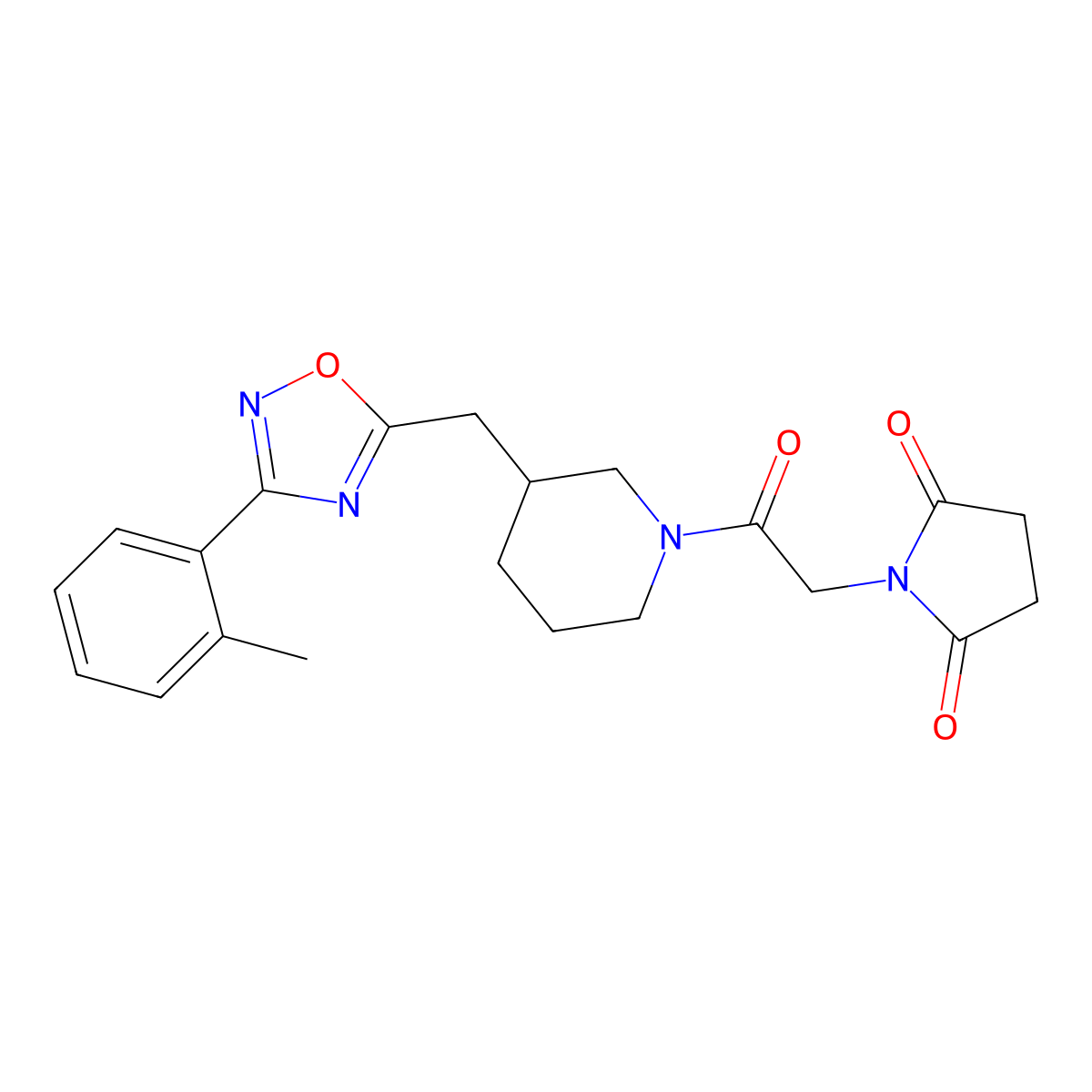 1-(2-Oxo-2-(3-((3-(o-tolyl)-1,2,4-oxadiazol-5-yl)methyl)piperidin-1-yl)ethyl)pyrrolidine-2,5-dione molecular structure, CAS 1705995-92-1