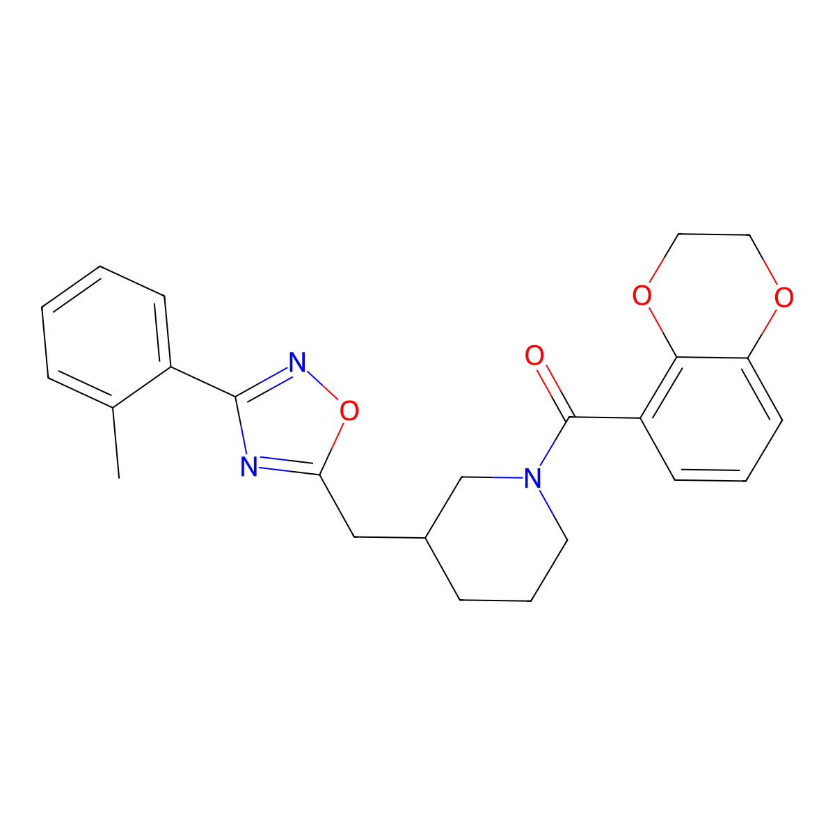 (2,3-Dihydrobenzo[b][1,4]dioxin-5-yl)(3-((3-(o-tolyl)-1,2,4-oxadiazol-5-yl)methyl)piperidin-1-yl)methanone molecular structure, CAS 1705996-11-7