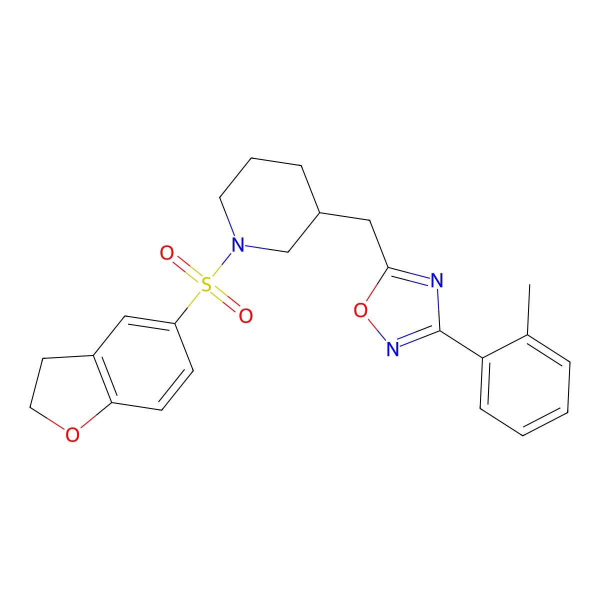 5-((1-((2,3-Dihydrobenzofuran-5-yl)sulfonyl)piperidin-3-yl)methyl)-3-(o-tolyl)-1,2,4-oxadiazole molecular structure, CAS 1705996-30-0