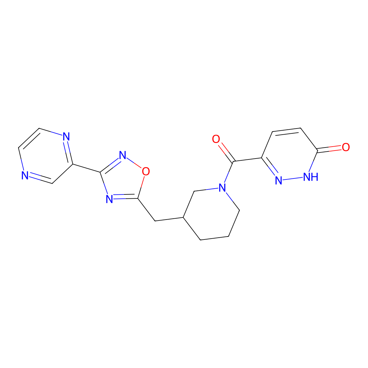 6-(3-((3-(pyrazin-2-yl)-1,2,4-oxadiazol-5-yl)methyl)piperidine-1-carbonyl)pyridazin-3(2H)-one molecular structure, CAS 1705996-36-6