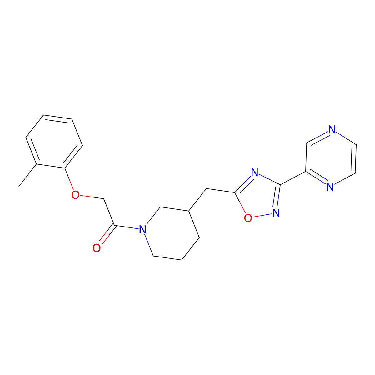 1-(3-((3-(Pyrazin-2-yl)-1,2,4-oxadiazol-5-yl)methyl)piperidin-1-yl)-2-(o-tolyloxy)ethanone molecular structure, CAS 1705996-74-2