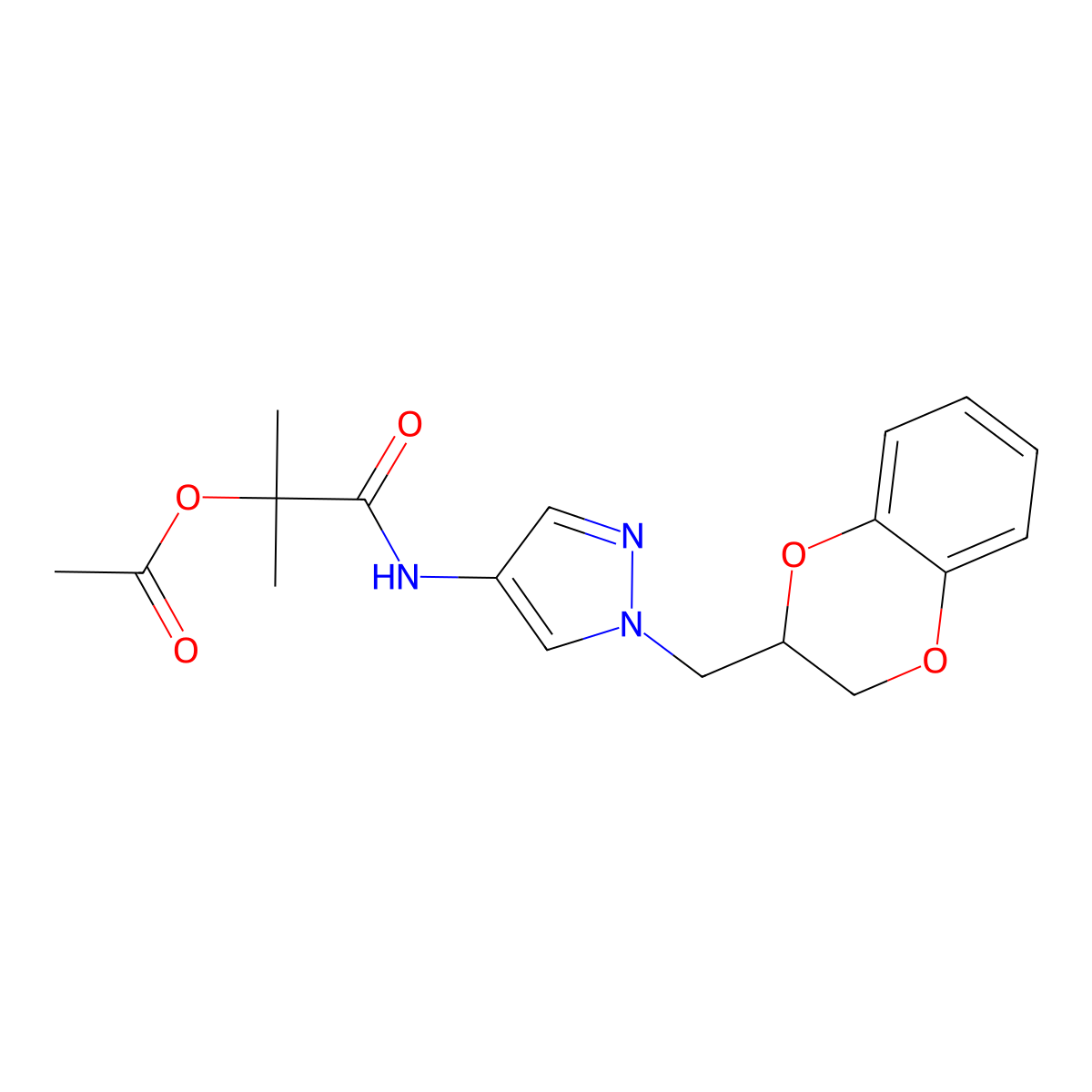1-((1-((2,3-dihydrobenzo[b][1,4]dioxin-2-yl)methyl)-1H-pyrazol-4-yl)amino)-2-methyl-1-oxopropan-2-yl acetate molecular structure, CAS 1705996-77-5