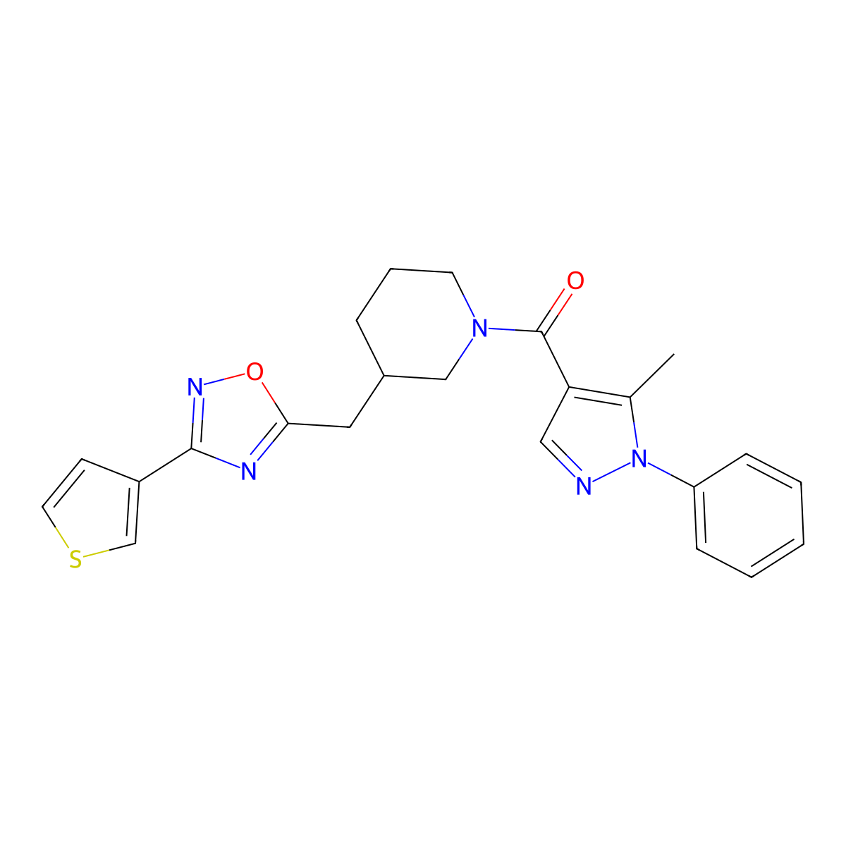 (5-methyl-1-phenyl-1H-pyrazol-4-yl)(3-((3-(thiophen-3-yl)-1,2,4-oxadiazol-5-yl)methyl)piperidin-1-yl)methanone molecular structure, CAS 1705997-47-2