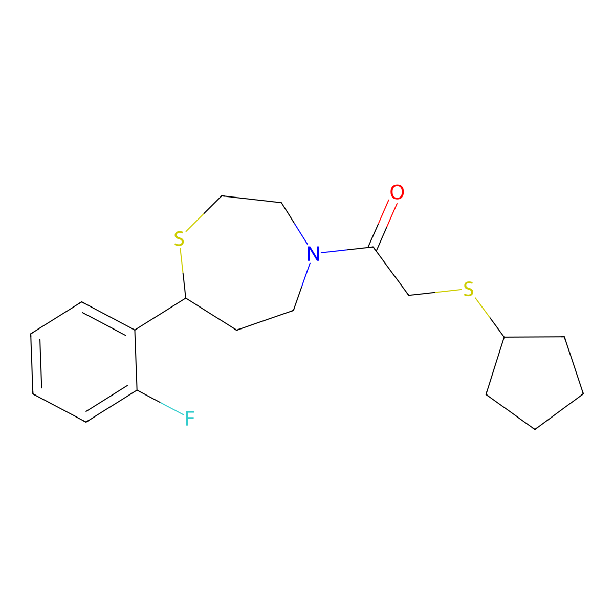 2-(Cyclopentylthio)-1-(7-(2-fluorophenyl)-1,4-thiazepan-4-yl)ethanone molecular structure, CAS 1705999-44-5