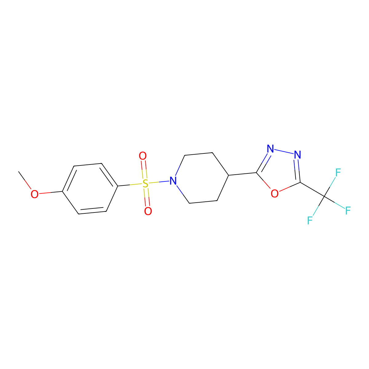 2-(1-((4-Methoxyphenyl)sulfonyl)piperidin-4-yl)-5-(trifluoromethyl)-1,3,4-oxadiazole molecular structure, CAS 1705999-55-8