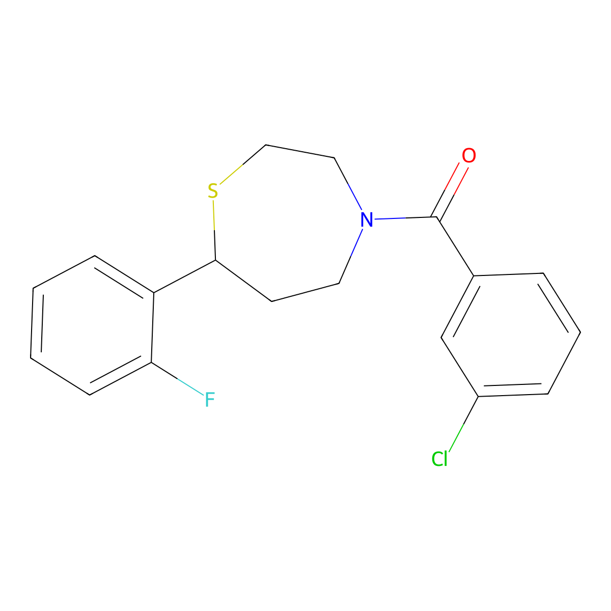 (3-Chlorophenyl)(7-(2-fluorophenyl)-1,4-thiazepan-4-yl)methanone molecular structure, CAS 1705999-79-6