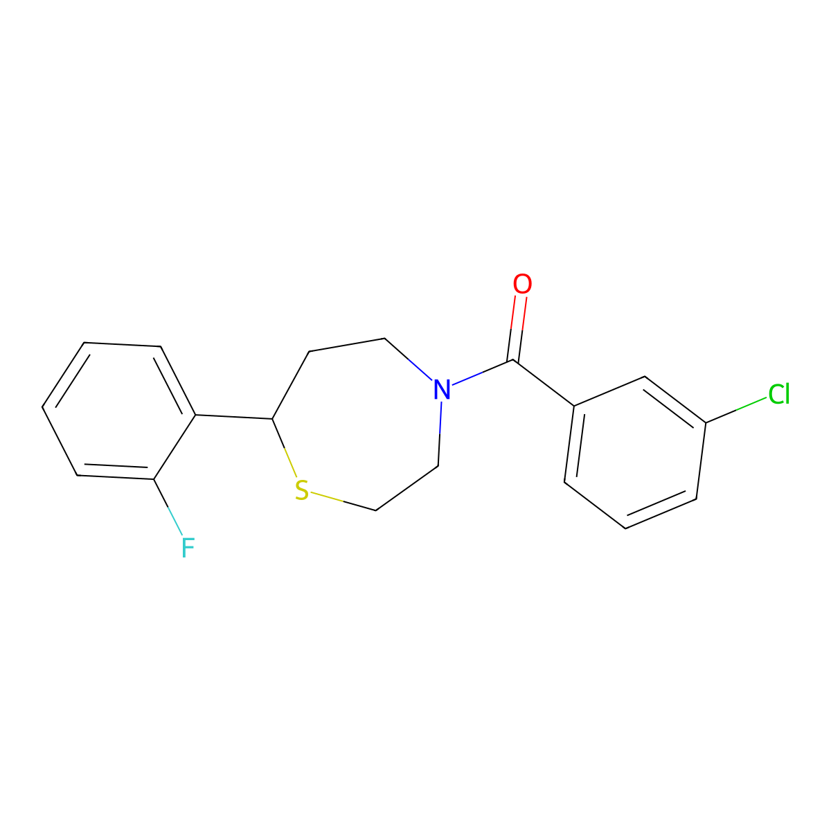(3-Chlorophenyl)(7-(2-fluorophenyl)-1,4-thiazepan-4-yl)methanone molecular structure, CAS 1705999-79-6