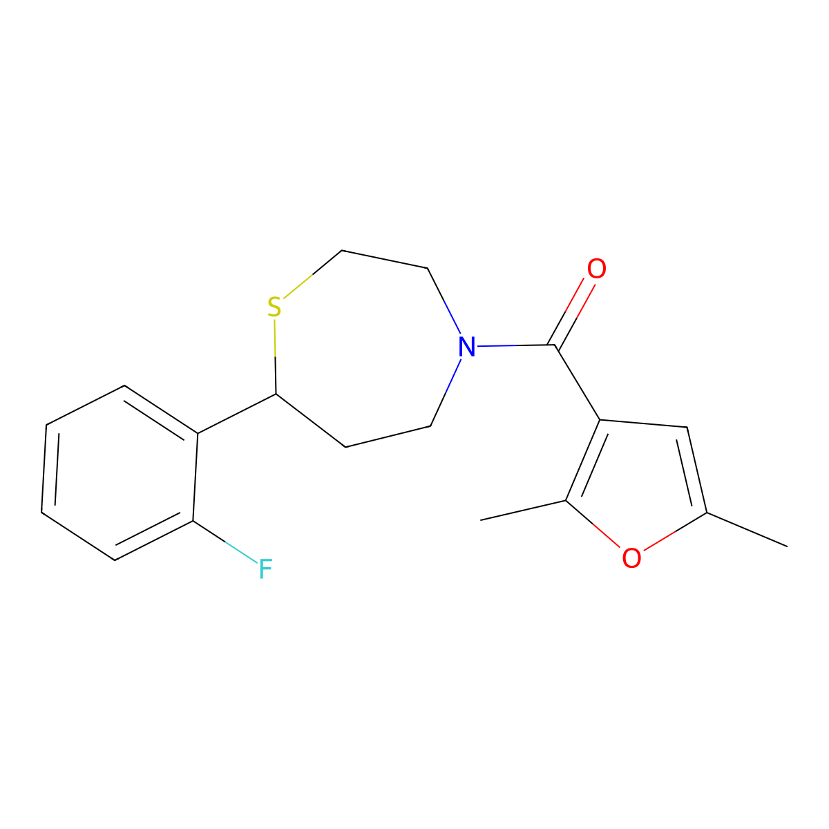 (2,5-Dimethylfuran-3-yl)(7-(2-fluorophenyl)-1,4-thiazepan-4-yl)methanone molecular structure, CAS 1706000-10-3