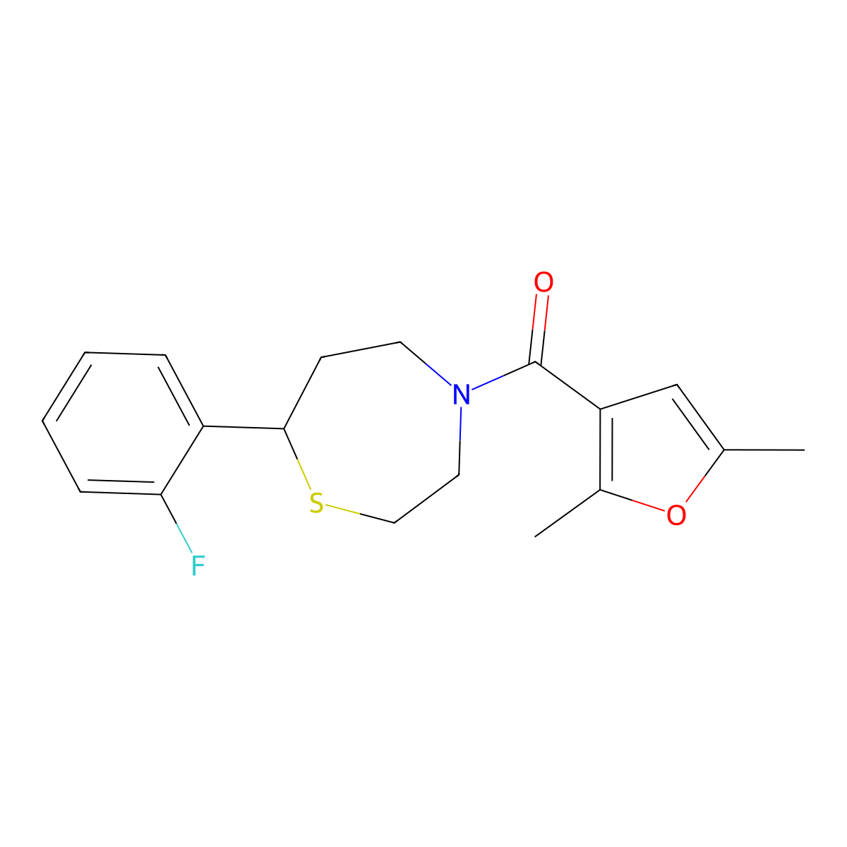(2,5-Dimethylfuran-3-yl)(7-(2-fluorophenyl)-1,4-thiazepan-4-yl)methanone molecular structure, CAS 1706000-10-3