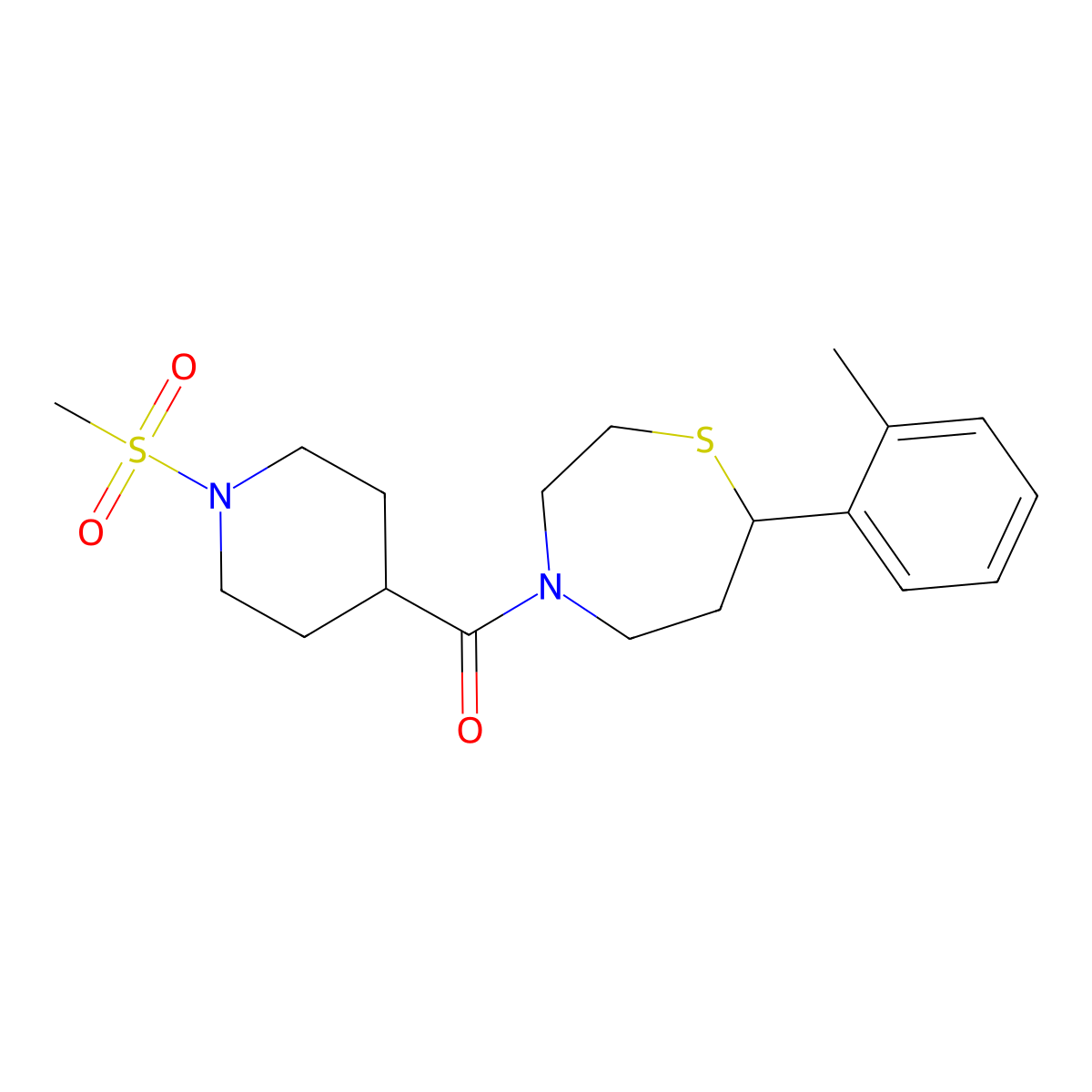 (1-(Methylsulfonyl)piperidin-4-yl)(7-(o-tolyl)-1,4-thiazepan-4-yl)methanone molecular structure, CAS 1706003-75-9