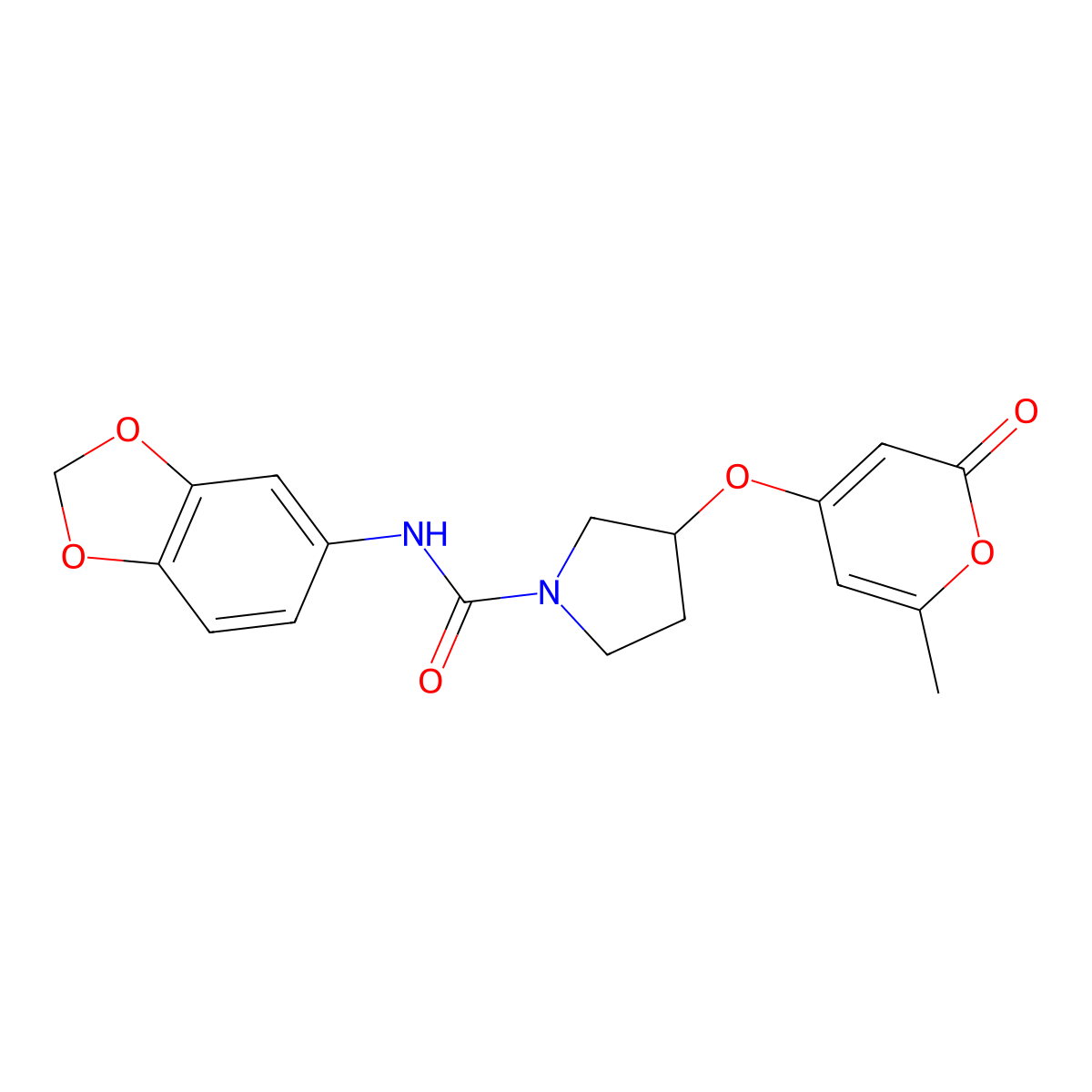 N-(benzo[d][1,3]dioxol-5-yl)-3-((6-methyl-2-oxo-2H-pyran-4-yl)oxy)pyrrolidine-1-carboxamide molecular structure, CAS 1706003-91-9