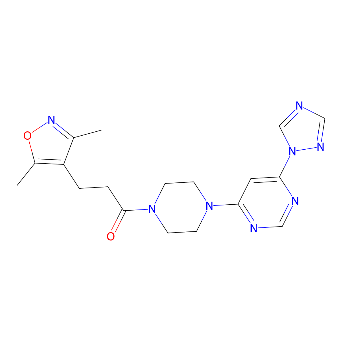 1-(4-(6-(1H-1,2,4-triazol-1-yl)pyrimidin-4-yl)piperazin-1-yl)-3-(3,5-dimethylisoxazol-4-yl)propan-1-one molecular structure, CAS 1706003-94-2