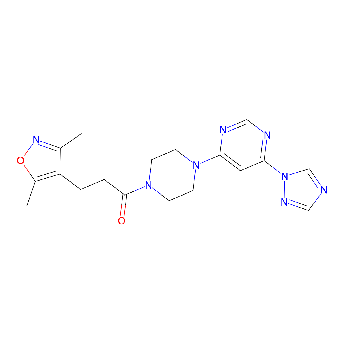 1-(4-(6-(1H-1,2,4-triazol-1-yl)pyrimidin-4-yl)piperazin-1-yl)-3-(3,5-dimethylisoxazol-4-yl)propan-1-one molecular structure, CAS 1706003-94-2