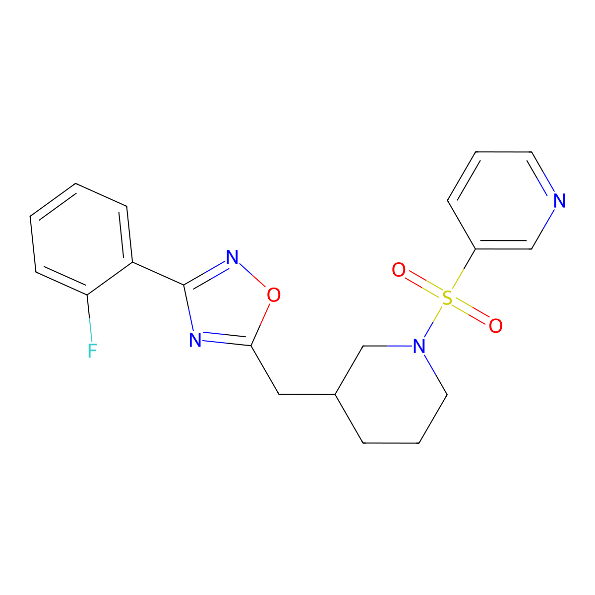 3-(2-Fluorophenyl)-5-((1-(pyridin-3-ylsulfonyl)piperidin-3-yl)methyl)-1,2,4-oxadiazole molecular structure, CAS 1706005-88-0