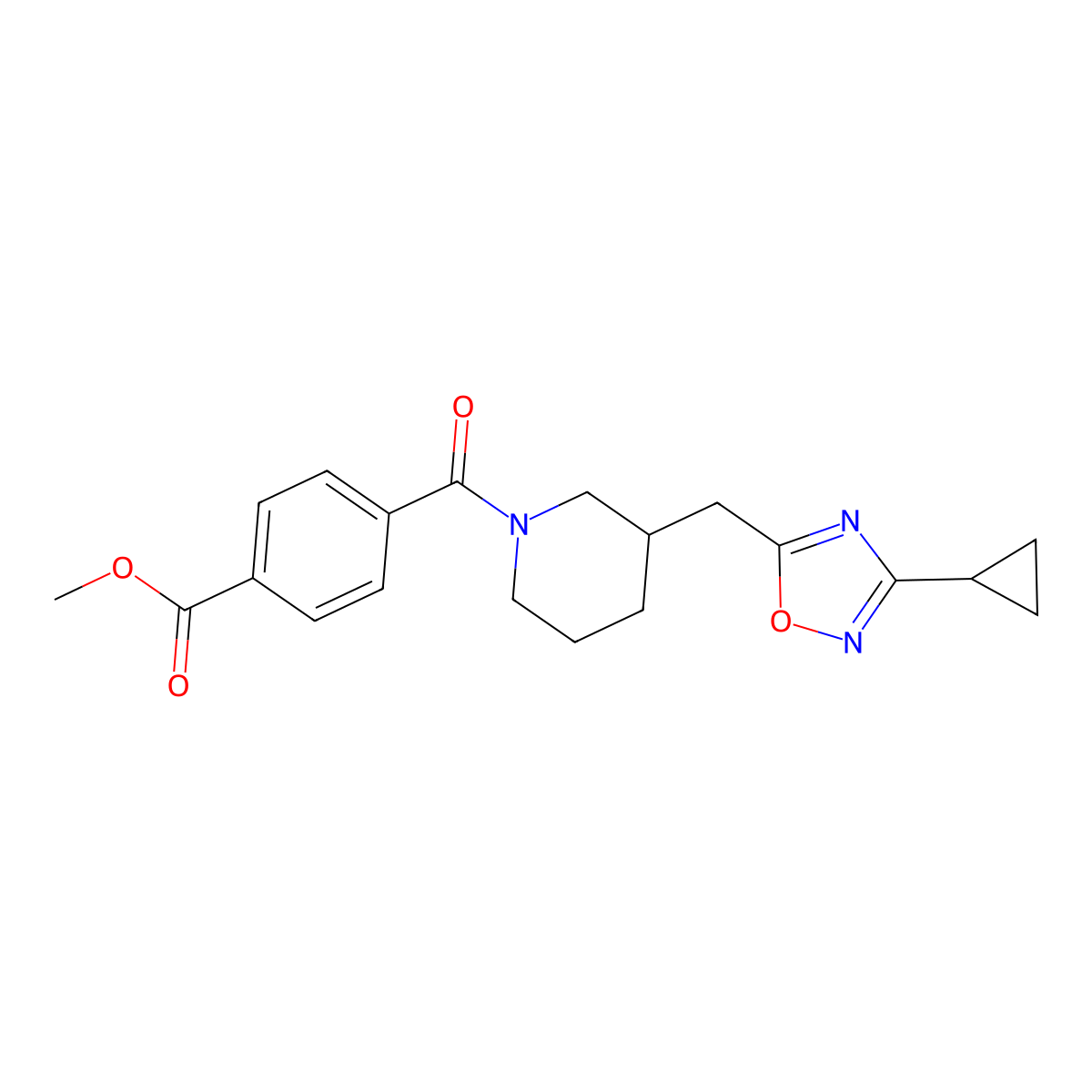 Methyl 4-{3-[(3-cyclopropyl-1,2,4-oxadiazol-5-yl)methyl]piperidine-1-carbonyl}benzoate molecular structure, CAS 1706006-10-1