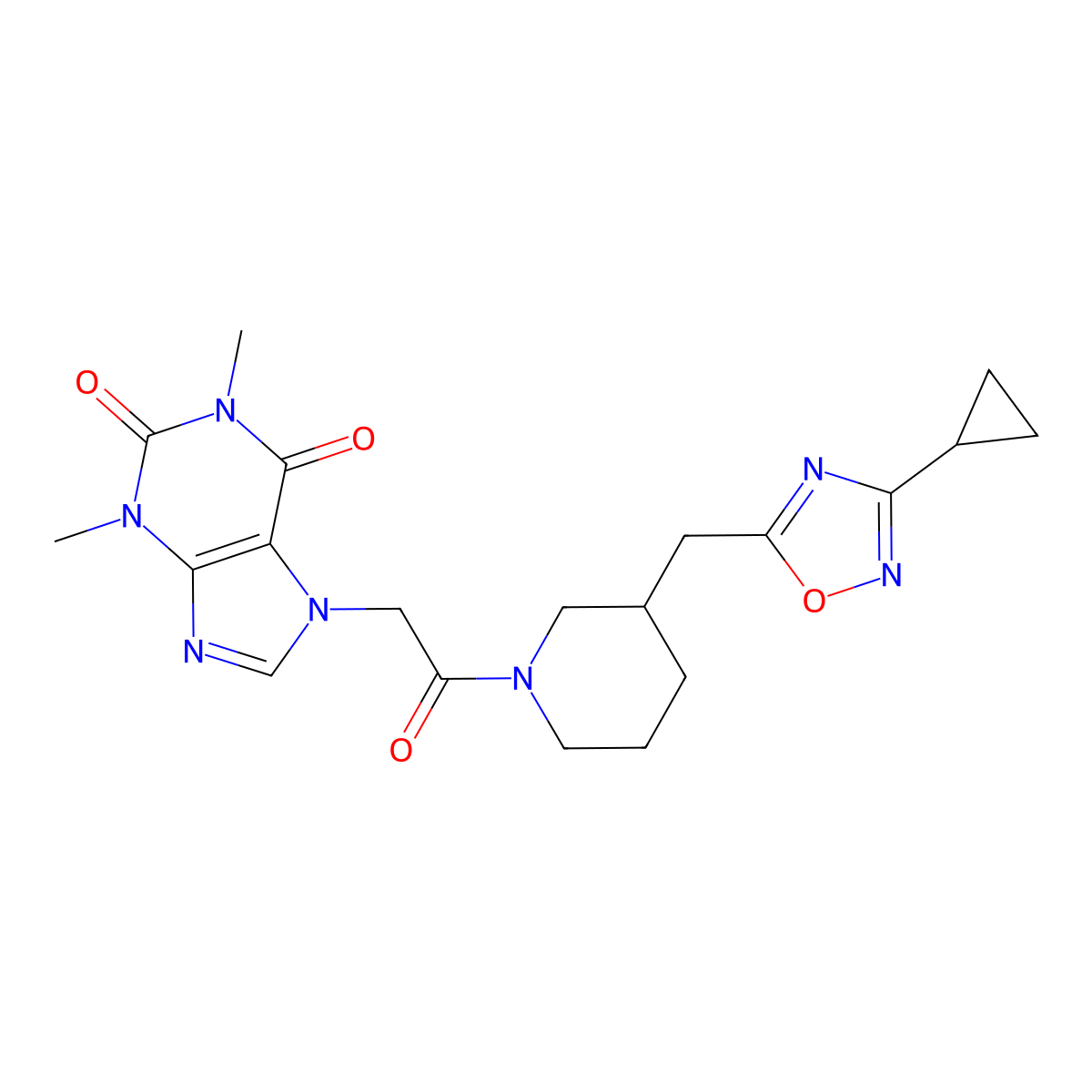 7-(2-(3-((3-cyclopropyl-1,2,4-oxadiazol-5-yl)methyl)piperidin-1-yl)-2-oxoethyl)-1,3-dimethyl-1H-purine-2,6(3H,7H)-dione molecular structure, CAS 1706006-76-9