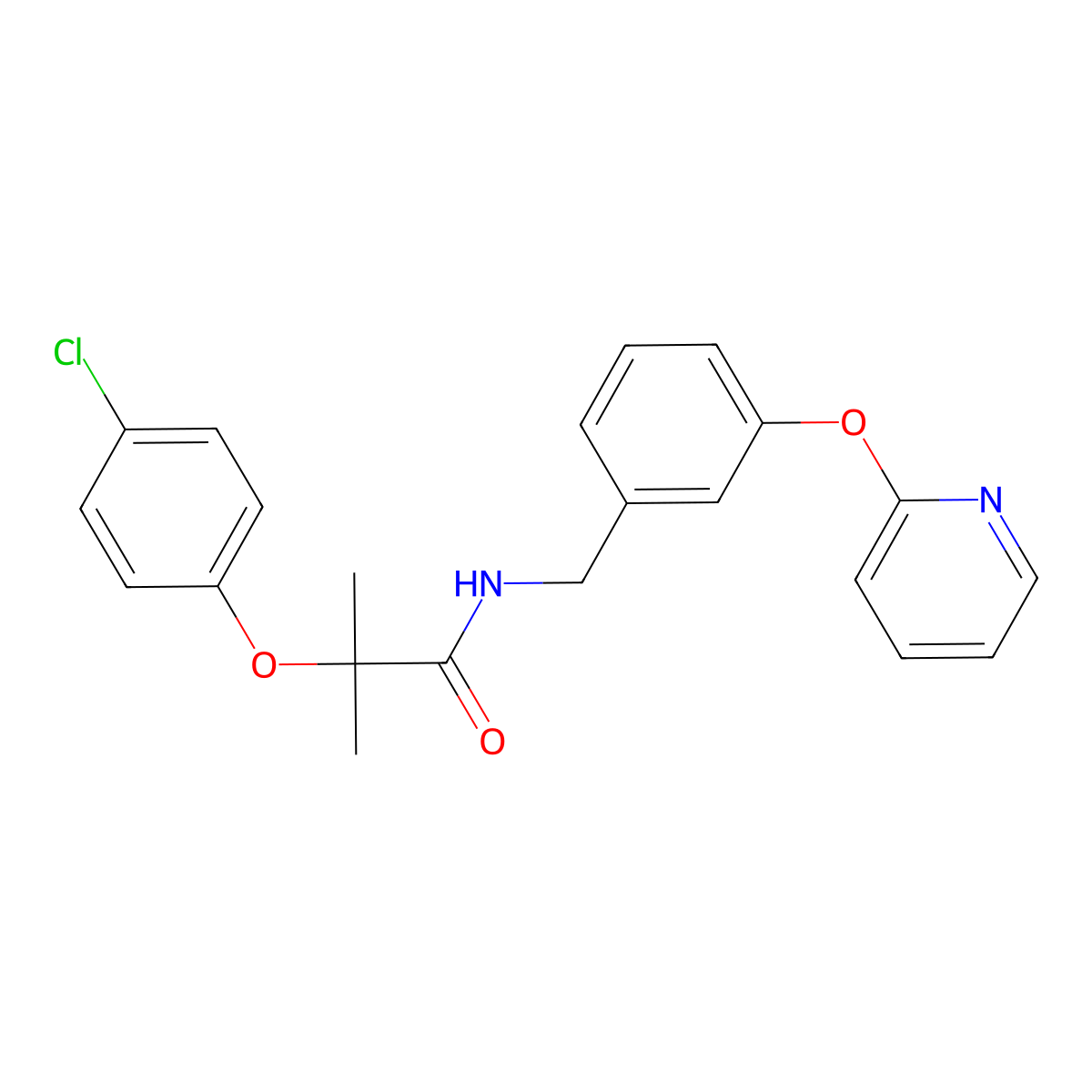 2-(4-chlorophenoxy)-2-methyl-N-(3-(pyridin-2-yloxy)benzyl)propanamide molecular structure, CAS 1706012-20-5
