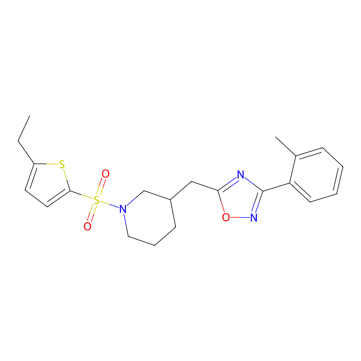 5-((1-((5-Ethylthiophen-2-yl)sulfonyl)piperidin-3-yl)methyl)-3-(o-tolyl)-1,2,4-oxadiazole molecular structure, CAS 1706014-00-7