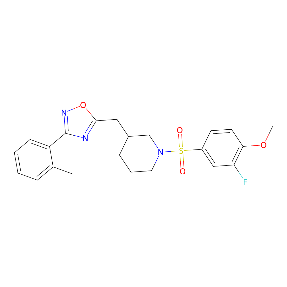 5-((1-((3-Fluoro-4-methoxyphenyl)sulfonyl)piperidin-3-yl)methyl)-3-(o-tolyl)-1,2,4-oxadiazole molecular structure, CAS 1706014-20-1