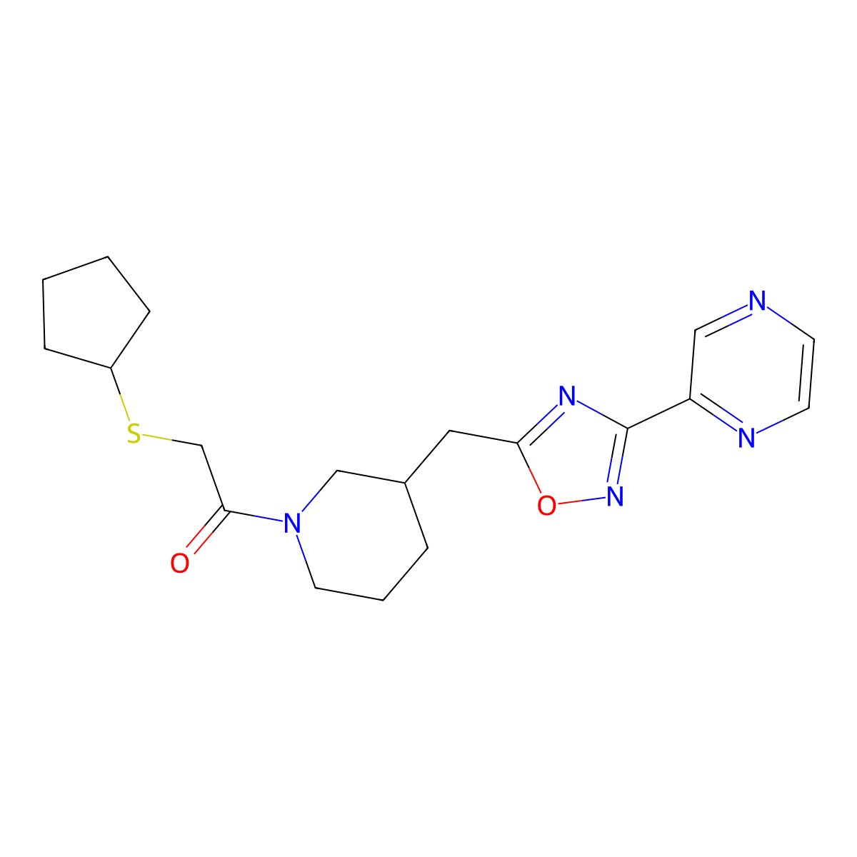 2-(Cyclopentylthio)-1-(3-((3-(pyrazin-2-yl)-1,2,4-oxadiazol-5-yl)methyl)piperidin-1-yl)ethanone molecular structure, CAS 1706014-33-6