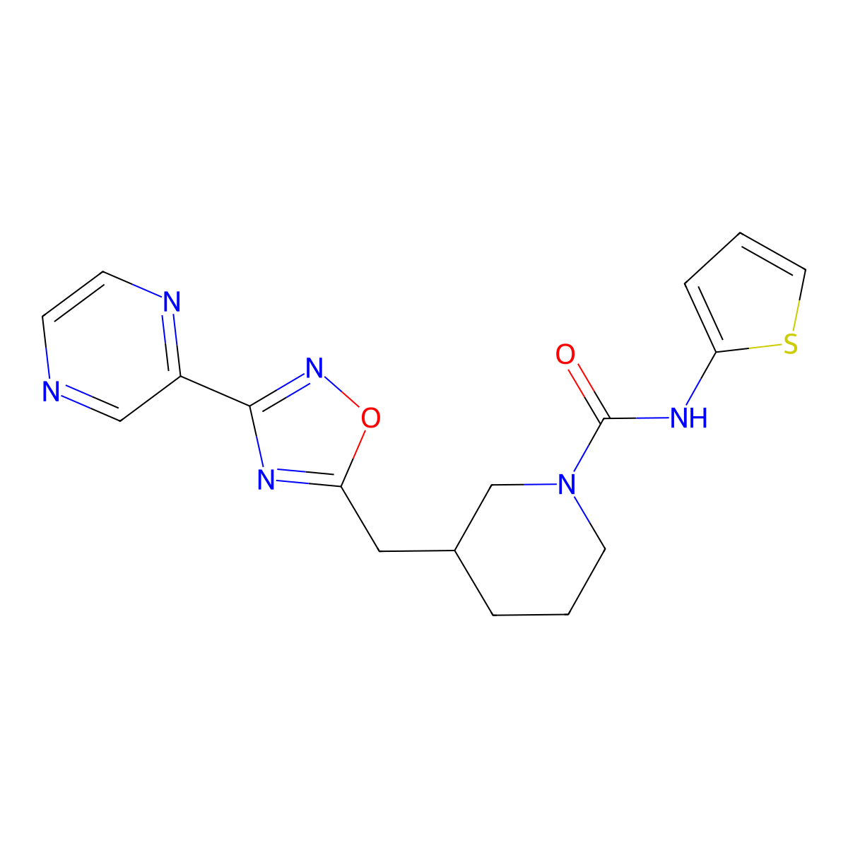 3-((3-(pyrazin-2-yl)-1,2,4-oxadiazol-5-yl)methyl)-N-(thiophen-2-yl)piperidine-1-carboxamide molecular structure, CAS 1706015-50-0