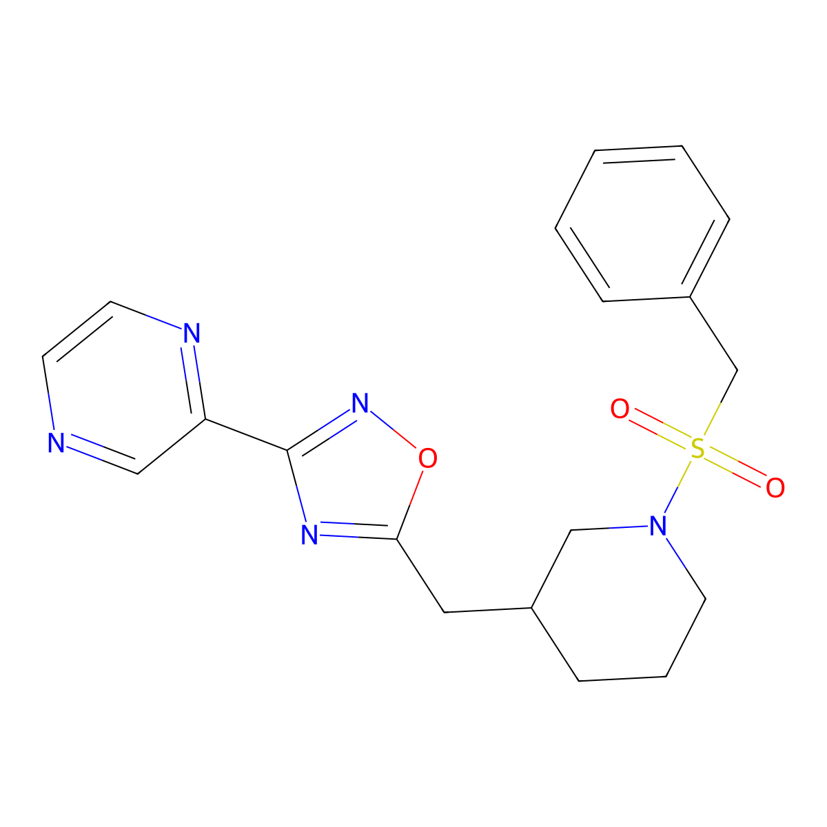 5-((1-(Benzylsulfonyl)piperidin-3-yl)methyl)-3-(pyrazin-2-yl)-1,2,4-oxadiazole molecular structure, CAS 1706015-90-8