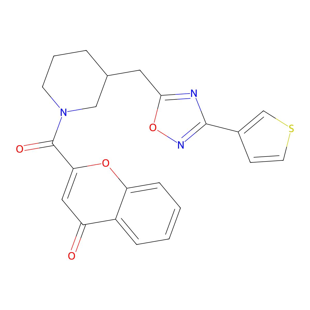 2-(3-{[3-(thiophen-3-yl)-1,2,4-oxadiazol-5-yl]methyl}piperidine-1-carbonyl)-4H-chromen-4-one molecular structure, CAS 1706017-10-8