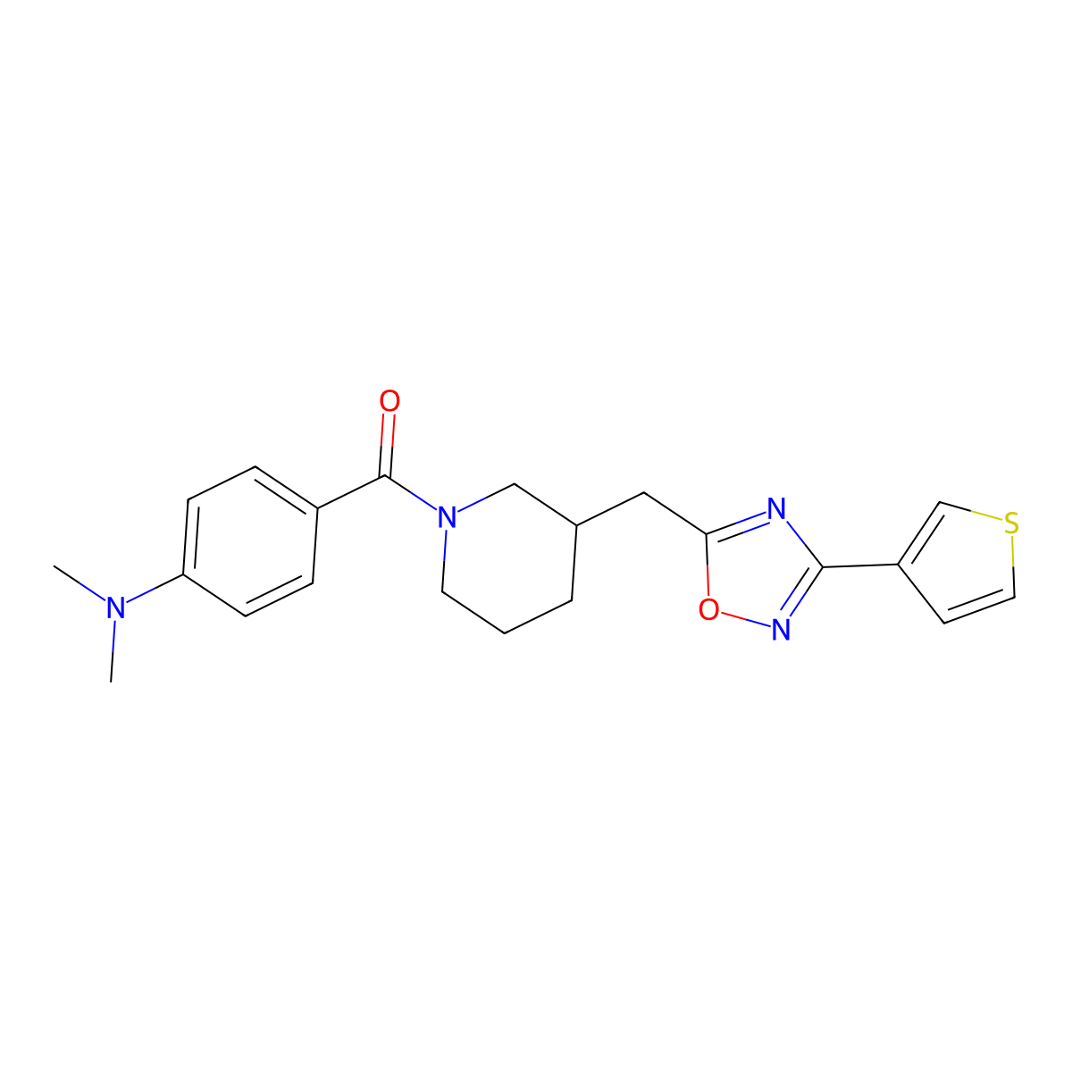 (4-(Dimethylamino)phenyl)(3-((3-(thiophen-3-yl)-1,2,4-oxadiazol-5-yl)methyl)piperidin-1-yl)methanone molecular structure, CAS 1706017-17-5