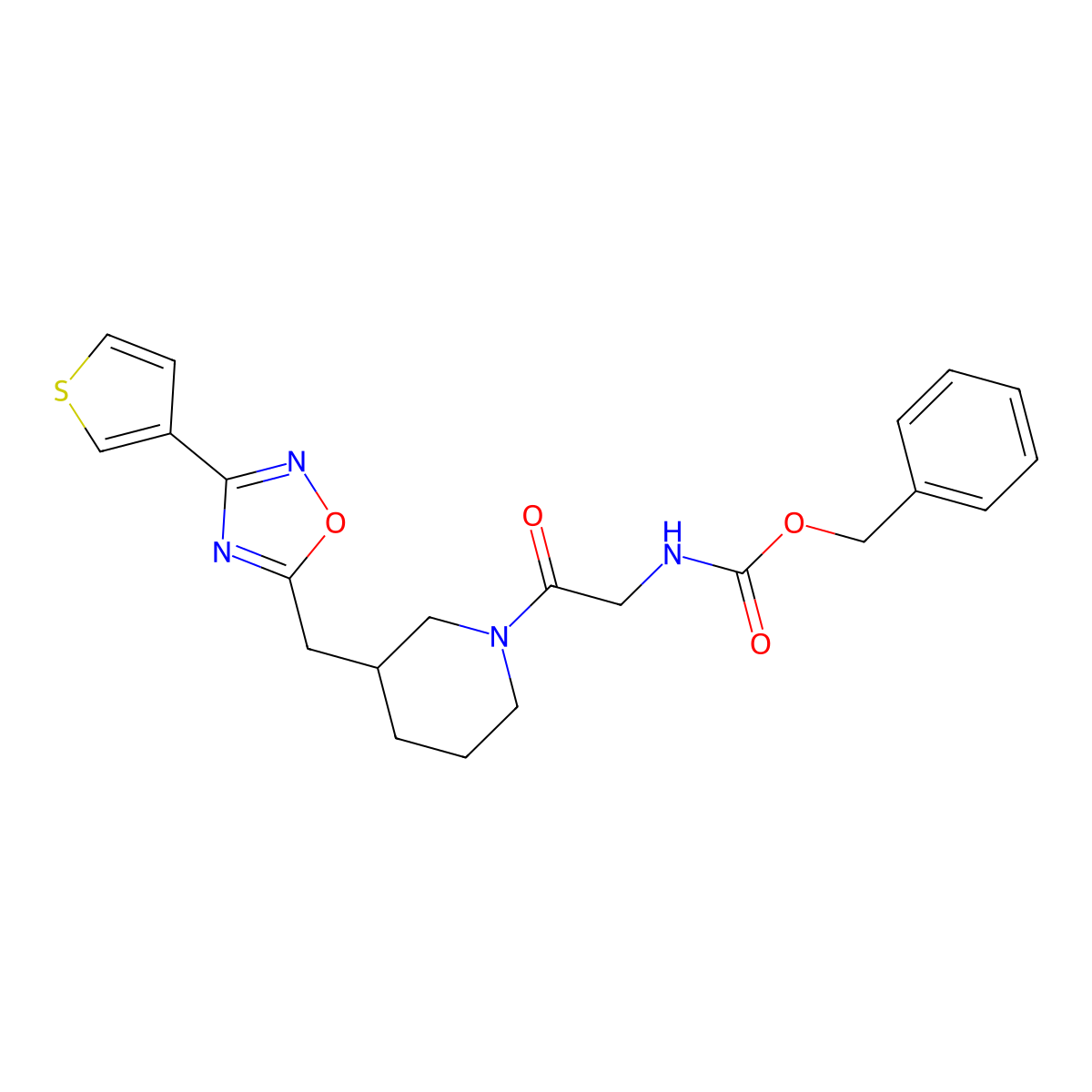 Benzyl (2-oxo-2-(3-((3-(thiophen-3-yl)-1,2,4-oxadiazol-5-yl)methyl)piperidin-1-yl)ethyl)carbamate molecular structure, CAS 1706017-23-3