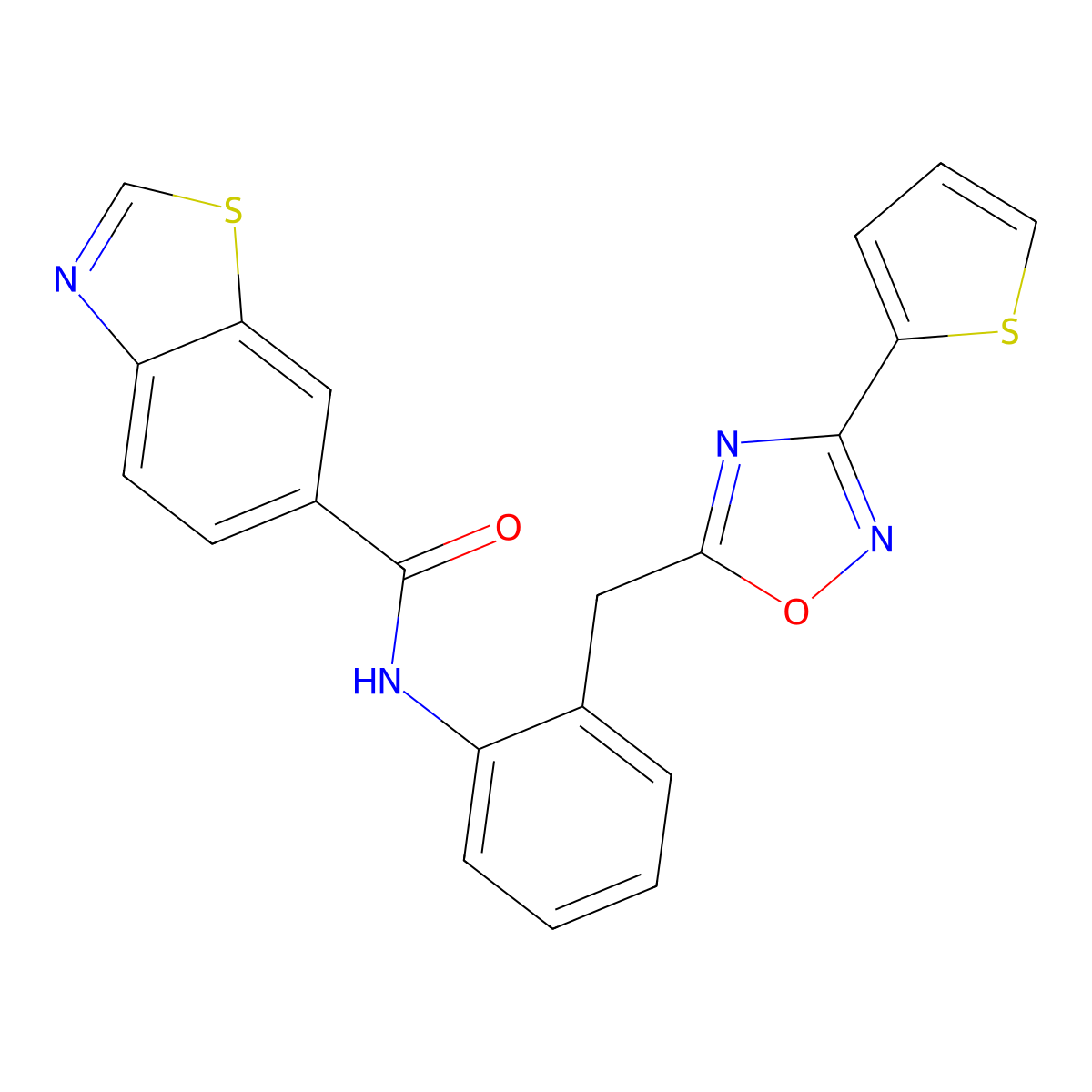 N-(2-((3-(thiophen-2-yl)-1,2,4-oxadiazol-5-yl)methyl)phenyl)benzo[d]thiazole-6-carboxamide molecular structure, CAS 1706027-55-5