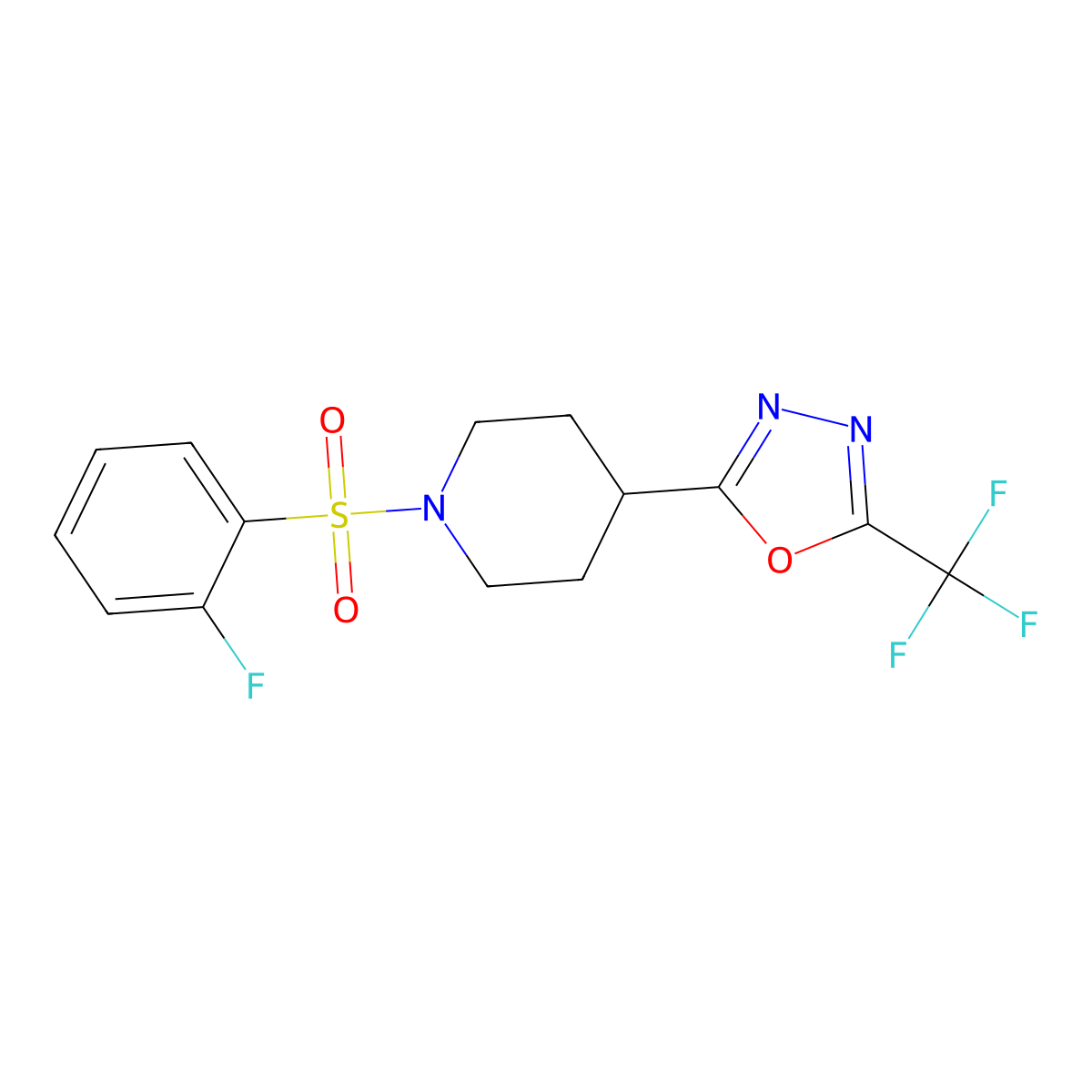 2-(1-((2-Fluorophenyl)sulfonyl)piperidin-4-yl)-5-(trifluoromethyl)-1,3,4-oxadiazole molecular structure, CAS 1706030-81-0
