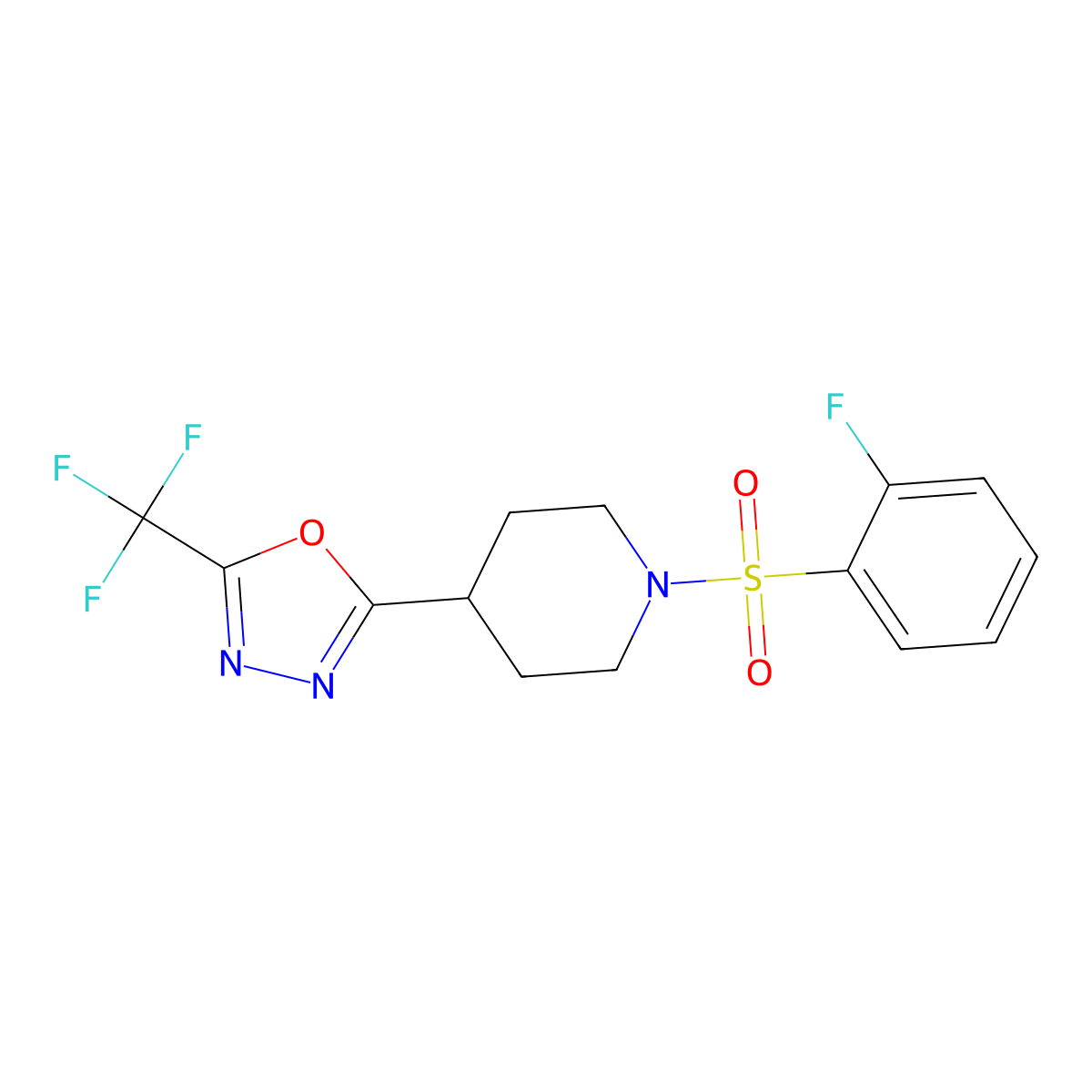 2-(1-((2-Fluorophenyl)sulfonyl)piperidin-4-yl)-5-(trifluoromethyl)-1,3,4-oxadiazole molecular structure, CAS 1706030-81-0