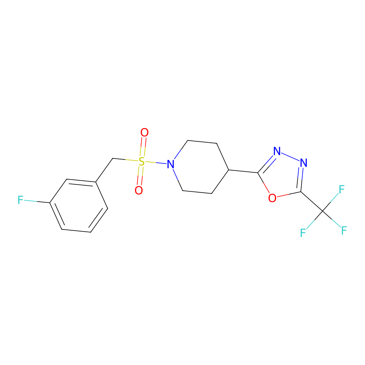 2-(1-((3-Fluorobenzyl)sulfonyl)piperidin-4-yl)-5-(trifluoromethyl)-1,3,4-oxadiazole molecular structure, CAS 1706030-82-1