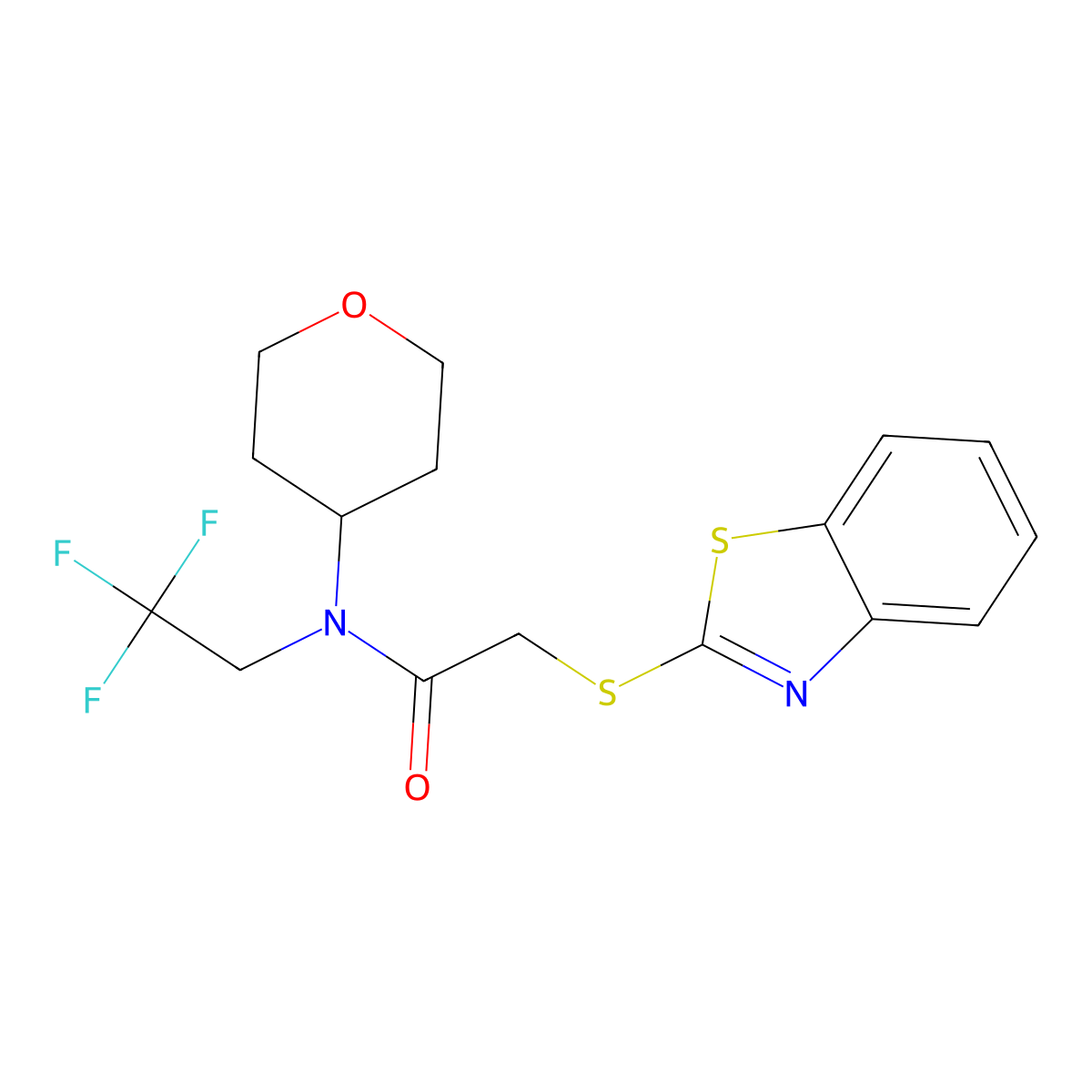 2-(benzo[d]thiazol-2-ylthio)-N-(tetrahydro-2H-pyran-4-yl)-N-(2,2,2-trifluoroethyl)acetamide molecular structure, CAS 1706044-92-9