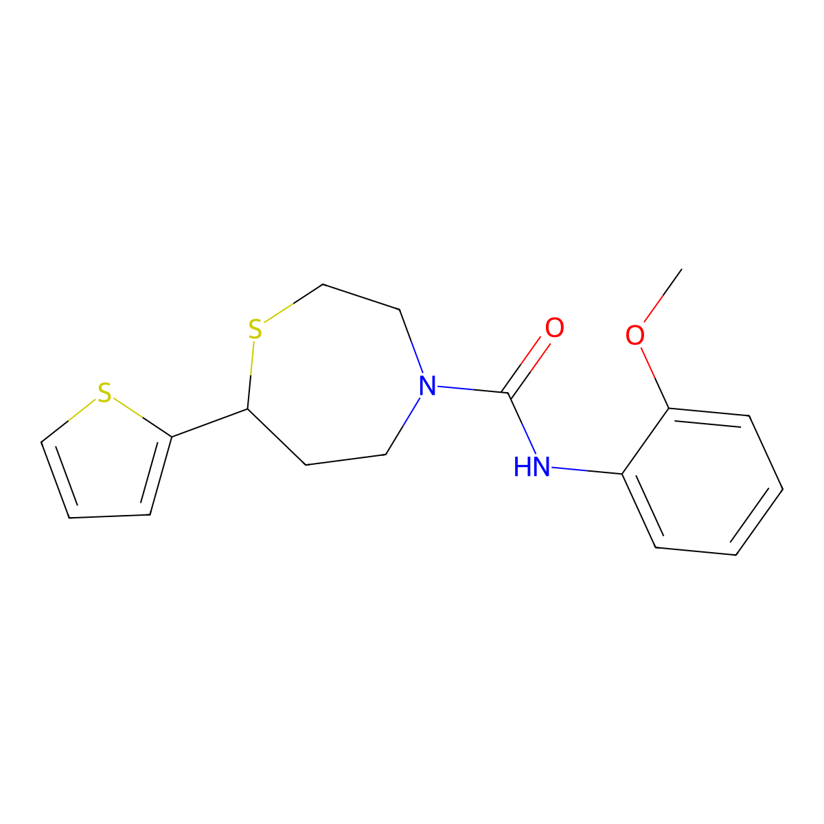 N-(2-methoxyphenyl)-7-(thiophen-2-yl)-1,4-thiazepane-4-carboxamide molecular structure, CAS 1706055-01-7