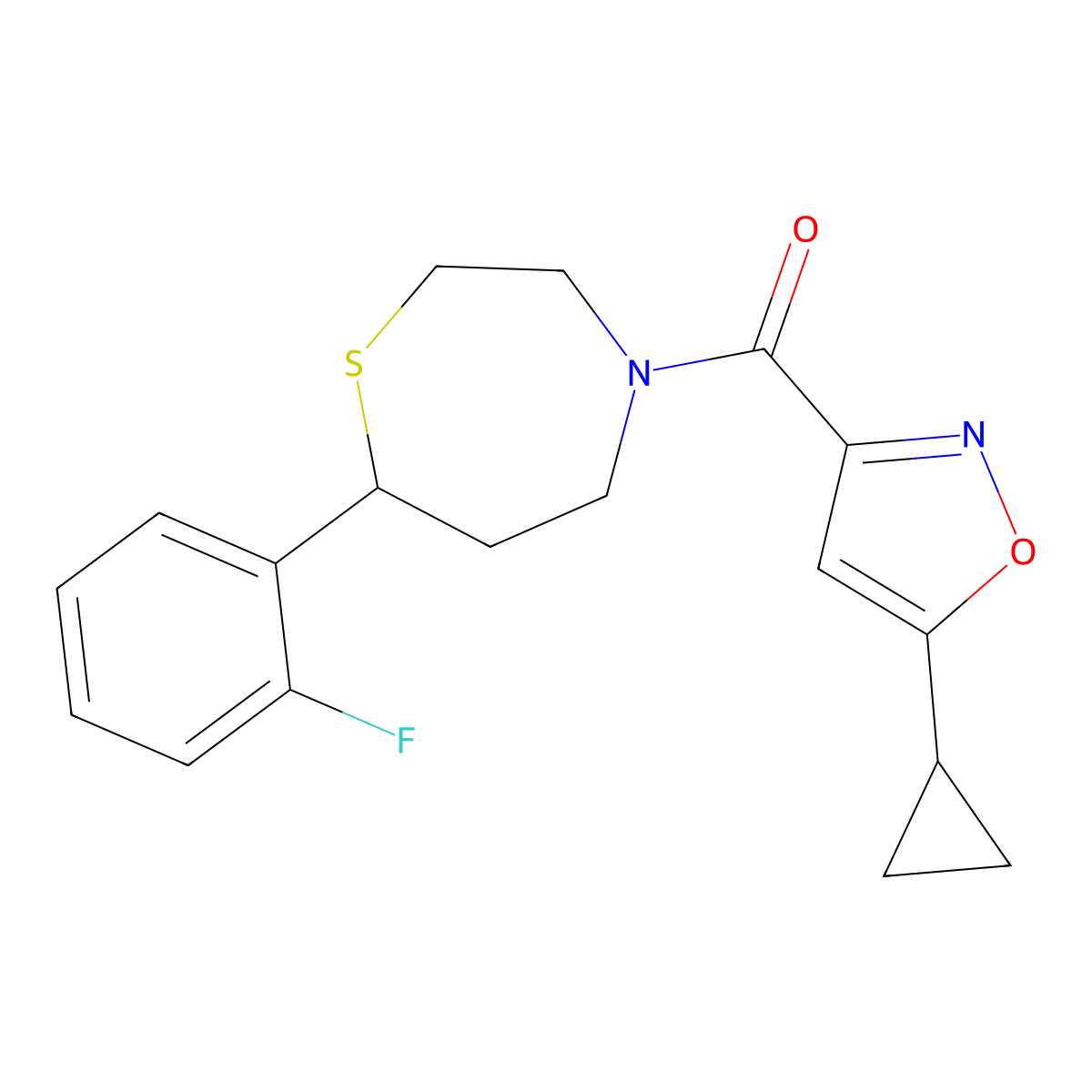 (5-Cyclopropylisoxazol-3-yl)(7-(2-fluorophenyl)-1,4-thiazepan-4-yl)methanone molecular structure, CAS 1706056-38-3