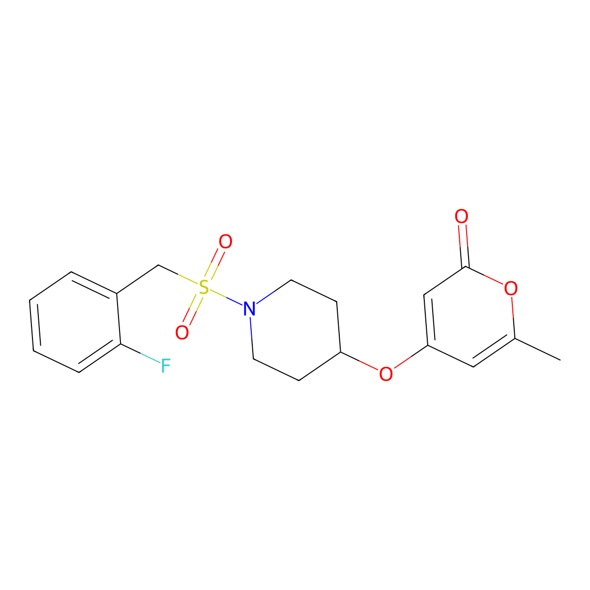4-((1-((2-fluorobenzyl)sulfonyl)piperidin-4-yl)oxy)-6-methyl-2H-pyran-2-one molecular structure, CAS 1706057-01-3